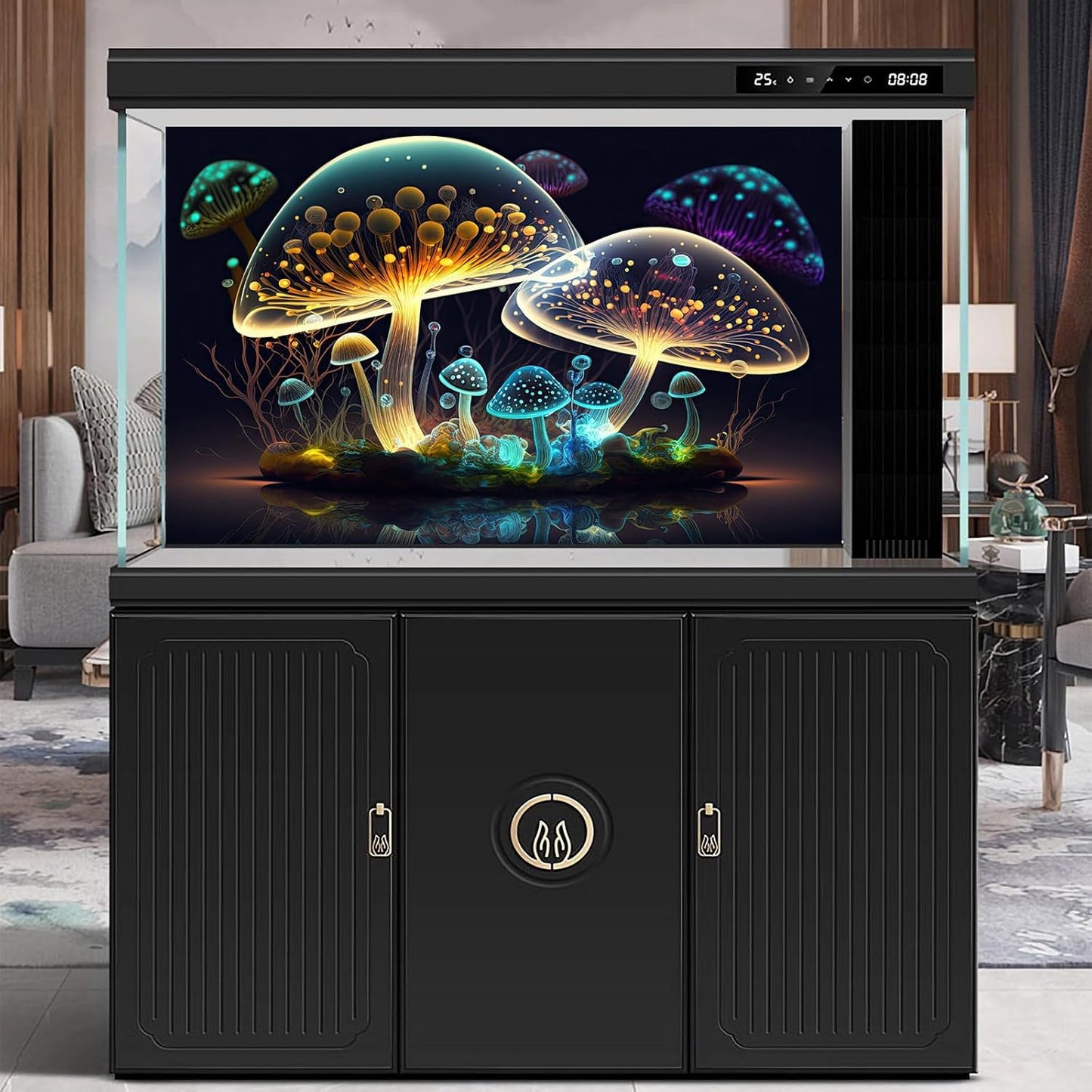 Mushroom Aquarium Background Abstract Glowing Fantasy Mushrooms Terrarium Background Mysterious Forest Magical Night In Circle Shape Crystal Glass Fish Tank Backdrop Decorations Vinyl 30x12in