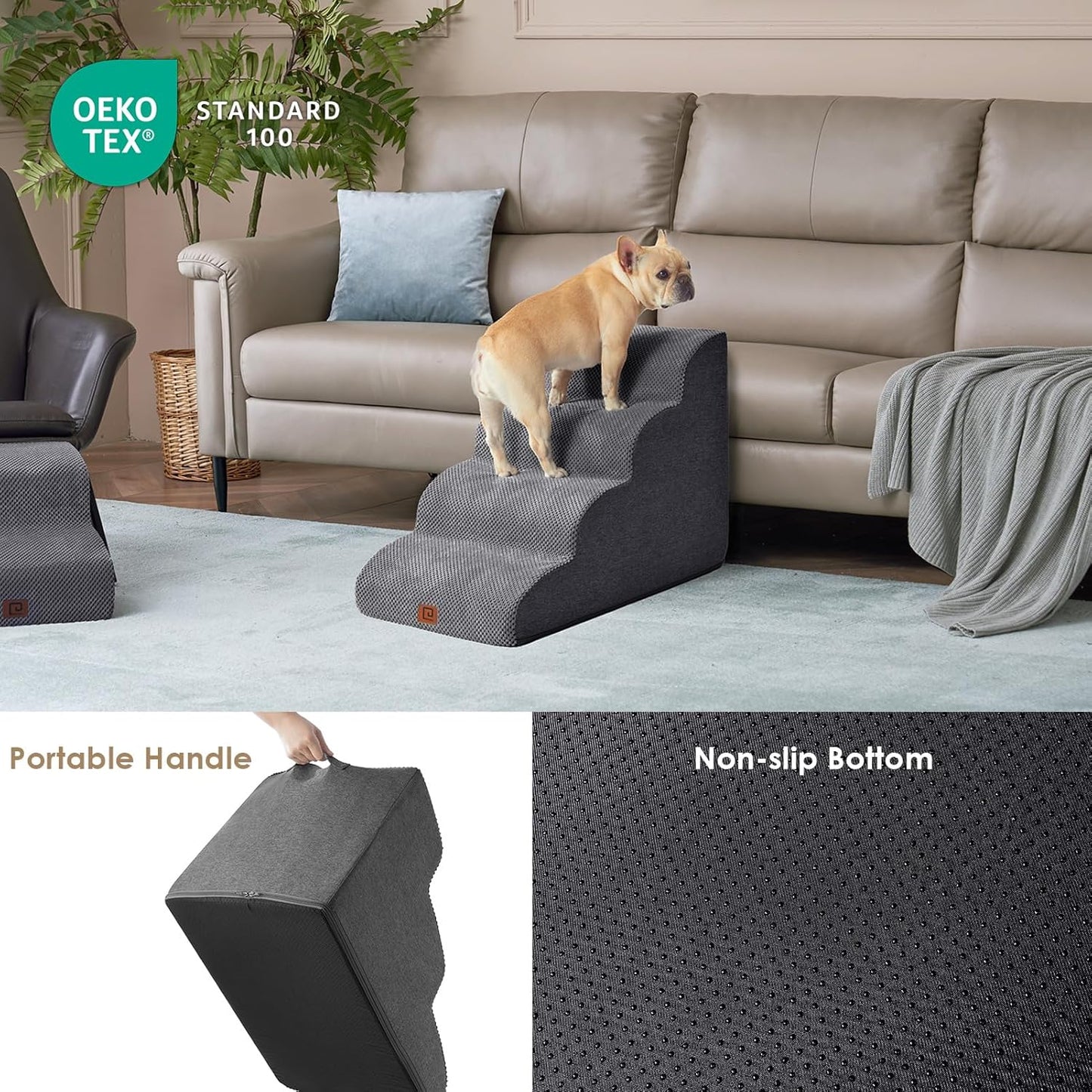 EHEYCIGA Curved Dog Stairs Ramp for High Beds 19.7" H, 4-Step Dog Steps for Small Dogs and Cats, Pet Stairs for High Bed Climbing, Non-Slip Balanced Pet Step Indoor, Grey