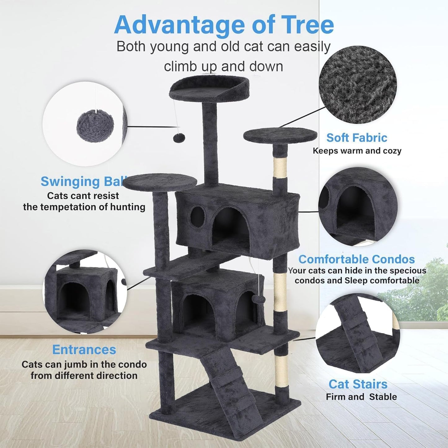 FDW Cat Tree Tower 62in Multi-Level Durable Cat Scratching Post & Cozy Fun Jumping Platform Space Saving Condo Pet Play House for Indoor Cats,Dark Gray