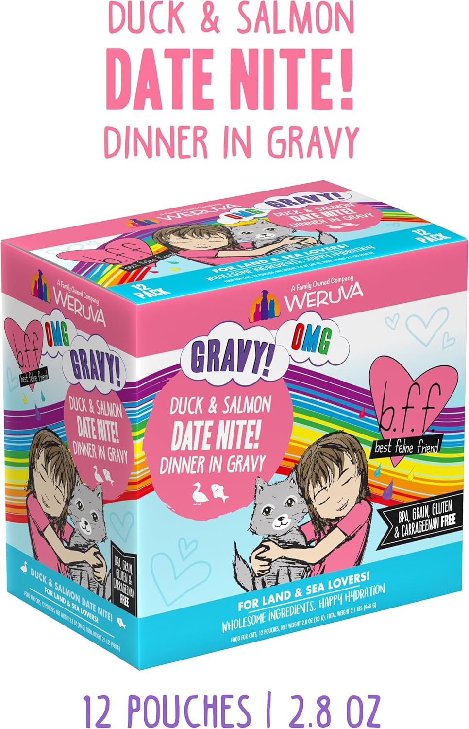 Weruva B.F.F. OMG - Best Feline Friend Oh My Gravy!, Date Nite! with Duck & Salmon in Gravy Cat Food, 2.8oz Pouch (Pack of 12)