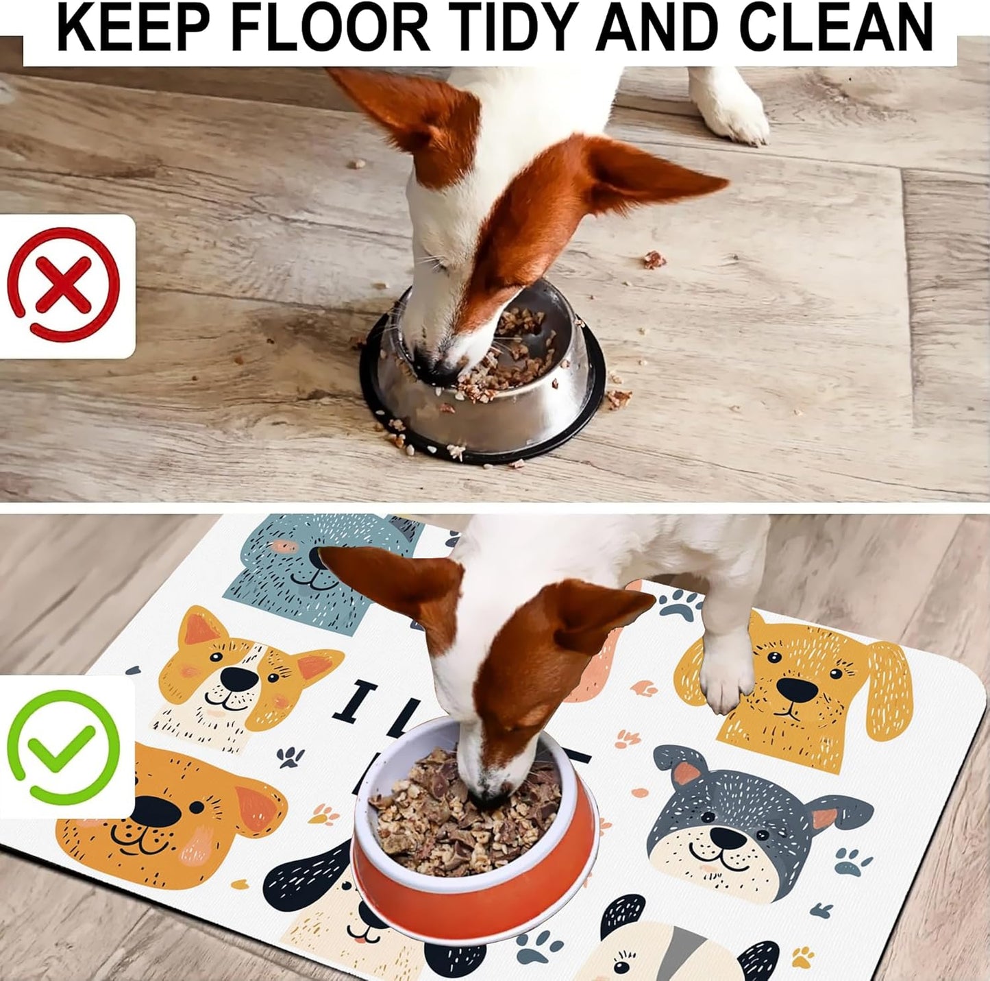 Cute Dogs Pet Cat Dog Food Mat-Absorbent Quick Dry Feeding Placemat for Water and Food, No Stains Rubber Base Mat for Indoor Use, Pet Accessories 12"x20"