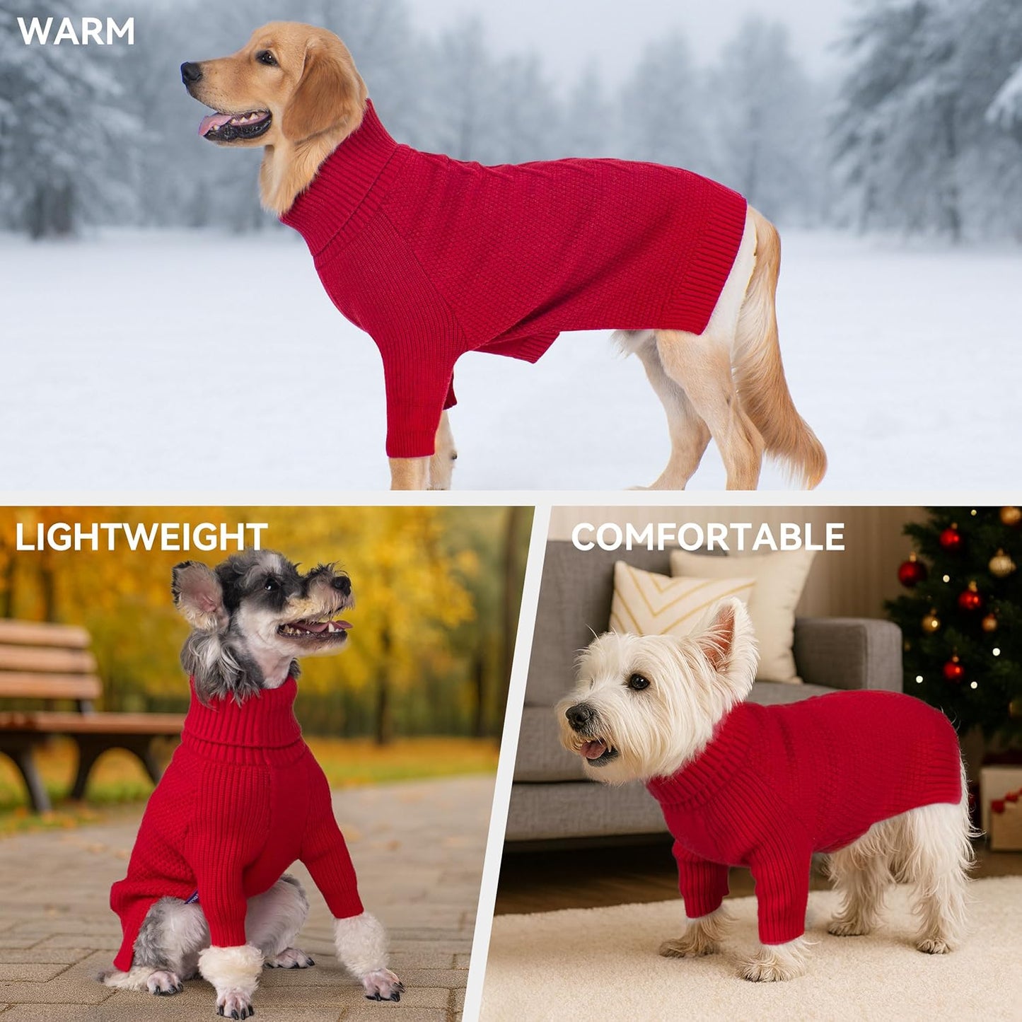cyeollo Dog Sweaters for Small Dogs Boy, Pullover Turtleneck for Dogs Female, Knitted Doggy Fall Winter Warm Cold Weather Dog Clothes Apparel with Sleeves, Red L