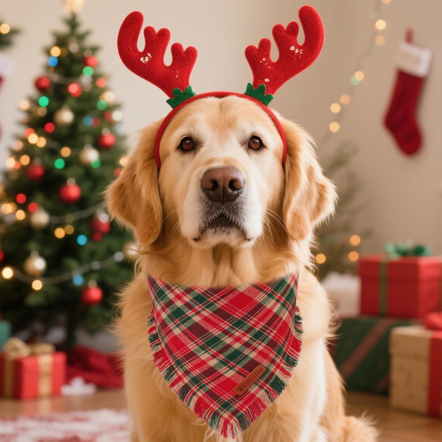 ADOGGYGO Christmas Dog Bandanas with Tassels Edges, Stylish Red Plaid Xmas Scarf, Multiple Sizes, Christmas Bandanas for Medium Large Dogs (Large)