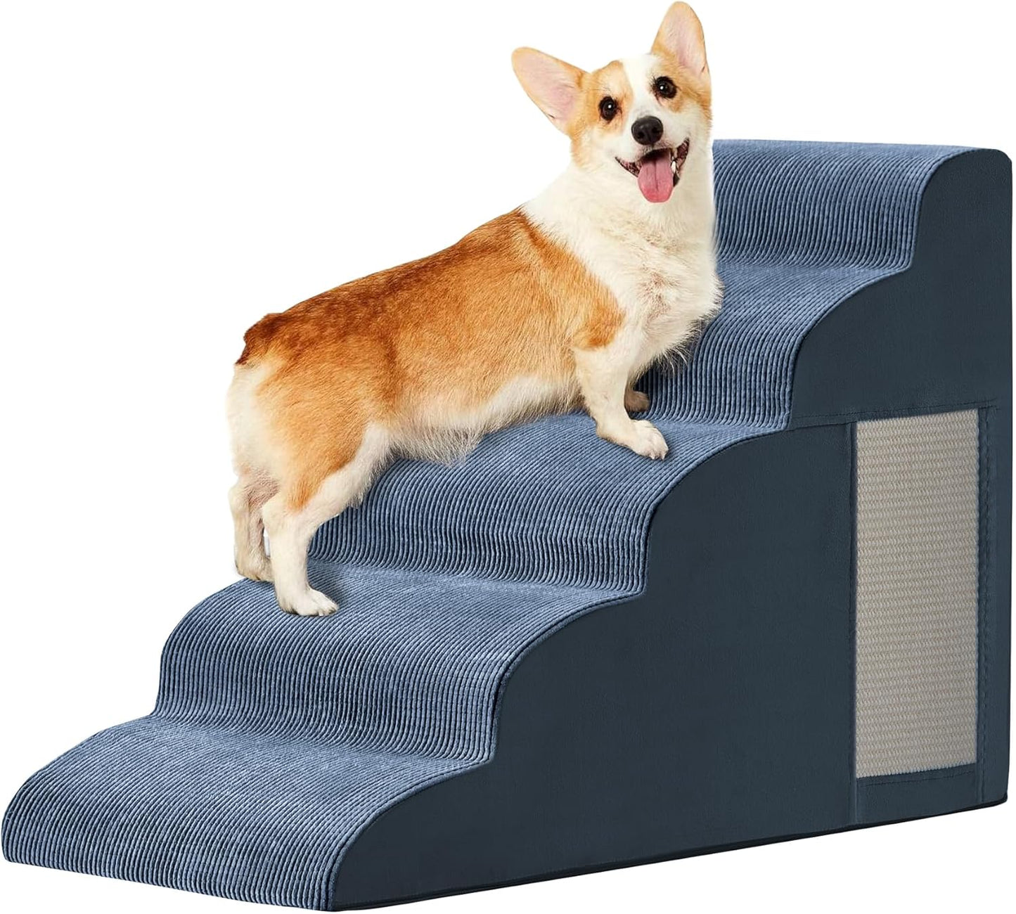 Pet Stairs, Dog Stairs for Small Dogs, Dogs Steps, 5-Step Curved Dog Ramp for Bed, Couch, Sofa, Car and Chairs, Non-Slip Bottom Design, Cat Scratching Board, High Density Foam Portable Pet Step, Navy