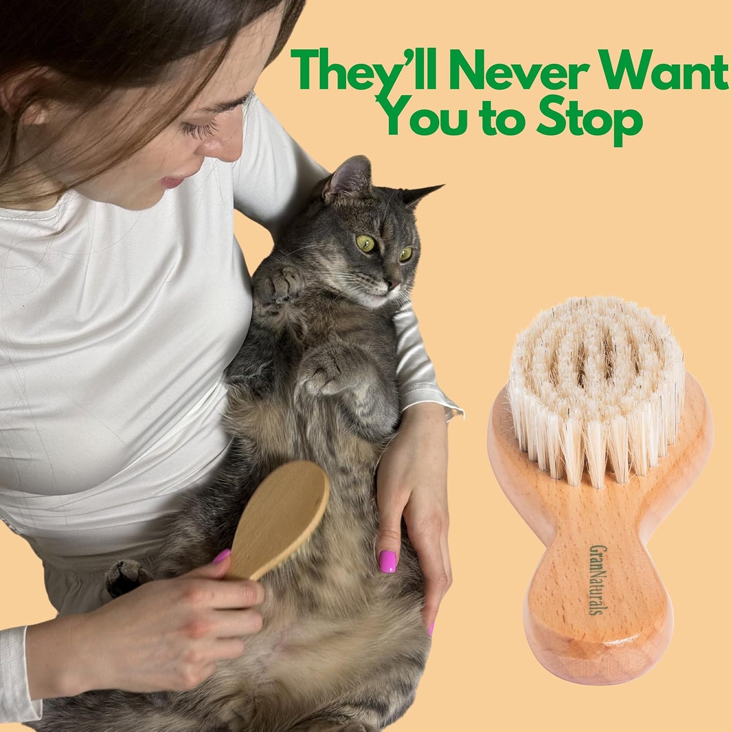 GranNaturals Boar Bristle Soft Cat Brush for Indoor, Outdoor, Short Haired Cats, Kittens, Small Dog, Rabbit, Furry Pets - Gentle Grooming on Sensitive Hair Coat & Tail with Durable Wooden Handle