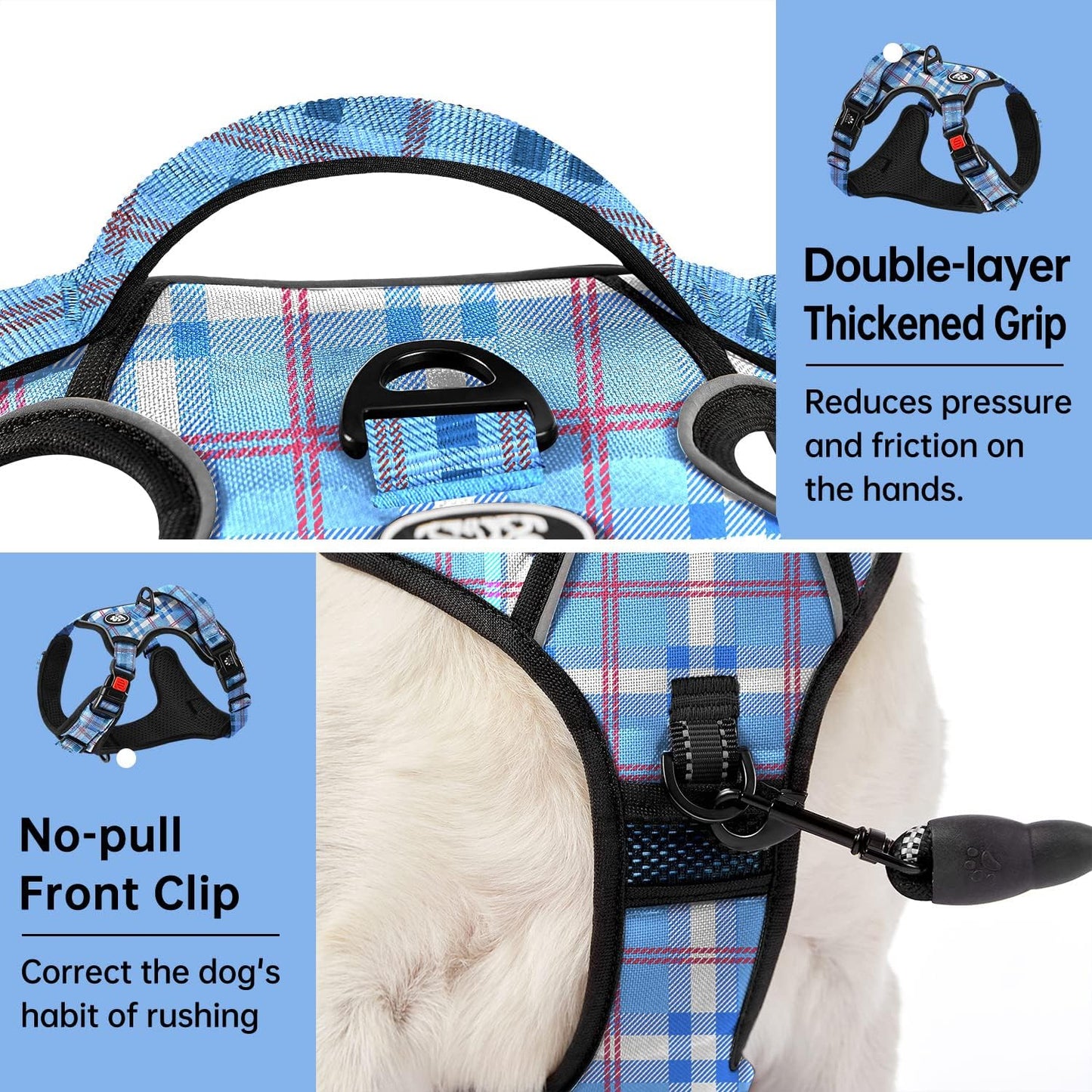 IVY&LANE No Pull Dog Harness with Leash Set, Reflective No Choke Pet Vest,Adjustable Oxford Dog Vest Harness with Easy Control Handle for Small Dogs (Checkered Blue,S)