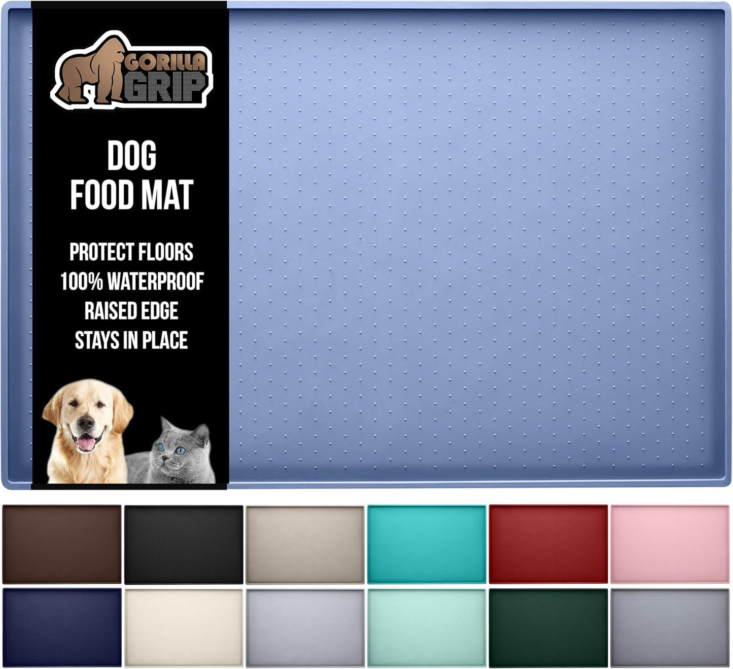 GORILLA GRIP 100% Waterproof Raised Edge BPA Free Silicone Pet Feeding Mat, Dog Cat Food Mats Contain Spills Protects Floors, Placemats for Cats and Dogs Water Bowl, Pets Accessories 18.5x11.5 Blue