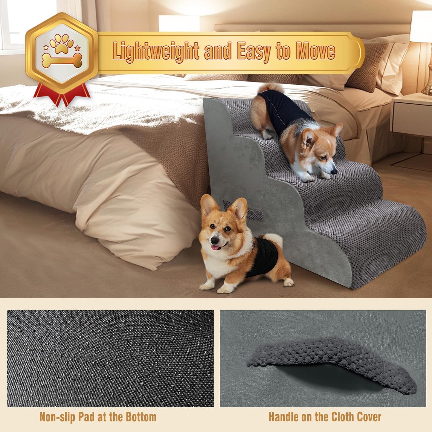 PAWSCART Dog Stairs for Small Dogs and Cats, 4-Step Dog Steps for Bed, 19.6" H Pet Stairs for High Bed, Pet Ramp for Couch, Sofa, Non-Slip Surface Removable Washable Cover, Grey