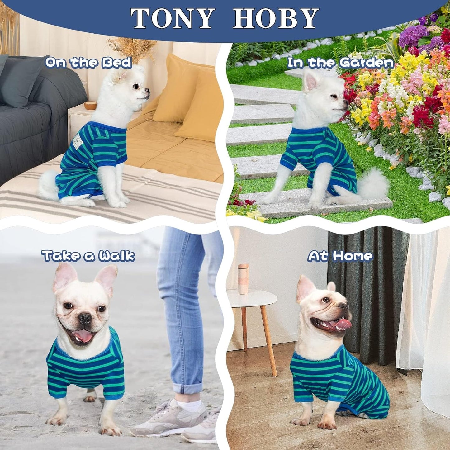 TONY HOBY Dog Pajamas for Female/Male, Dog Jumpsuit with Stripes for Small Medium Dogs, Soft and Comfortable 4 Legged Pajamas Dogs Clothes (Blue&Green, Boy, M)