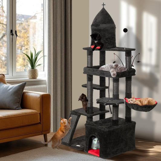 Large Cat Tree Tower for Large Cats, Cat Scratching Post, Self Grooming Post, Interactive Cat Toys, Oversized Perch and Basket, Heavy Duty 72", Black and Red