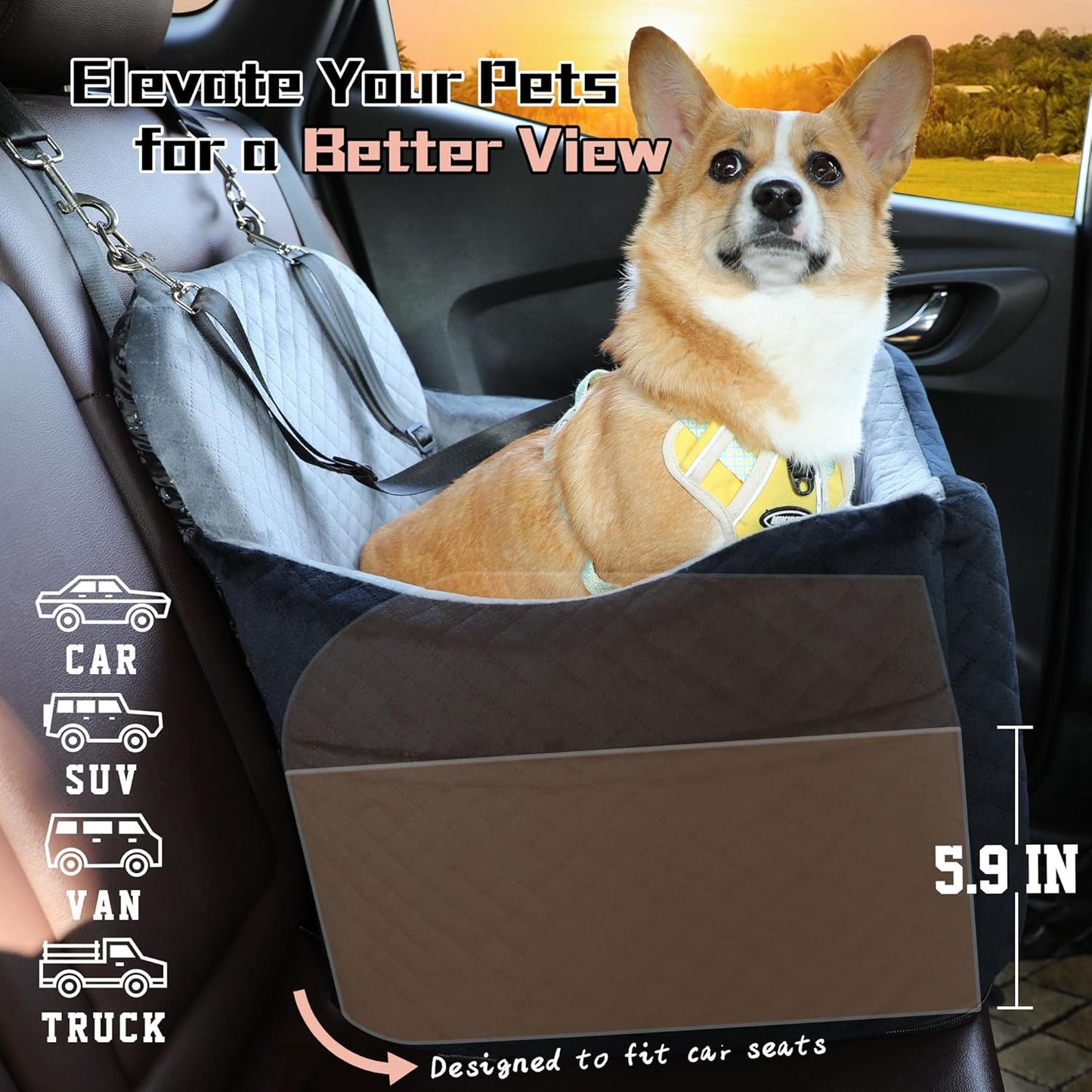 Dog Car Seats-Memory Sponge and Velvet Pet Booster Car Seat,Safety and Comfy,Ride Height 6" Elevated Enough to See Out The Window,Both Front and Back Seats Apply,Esay to Install and Clean.(H-Black)