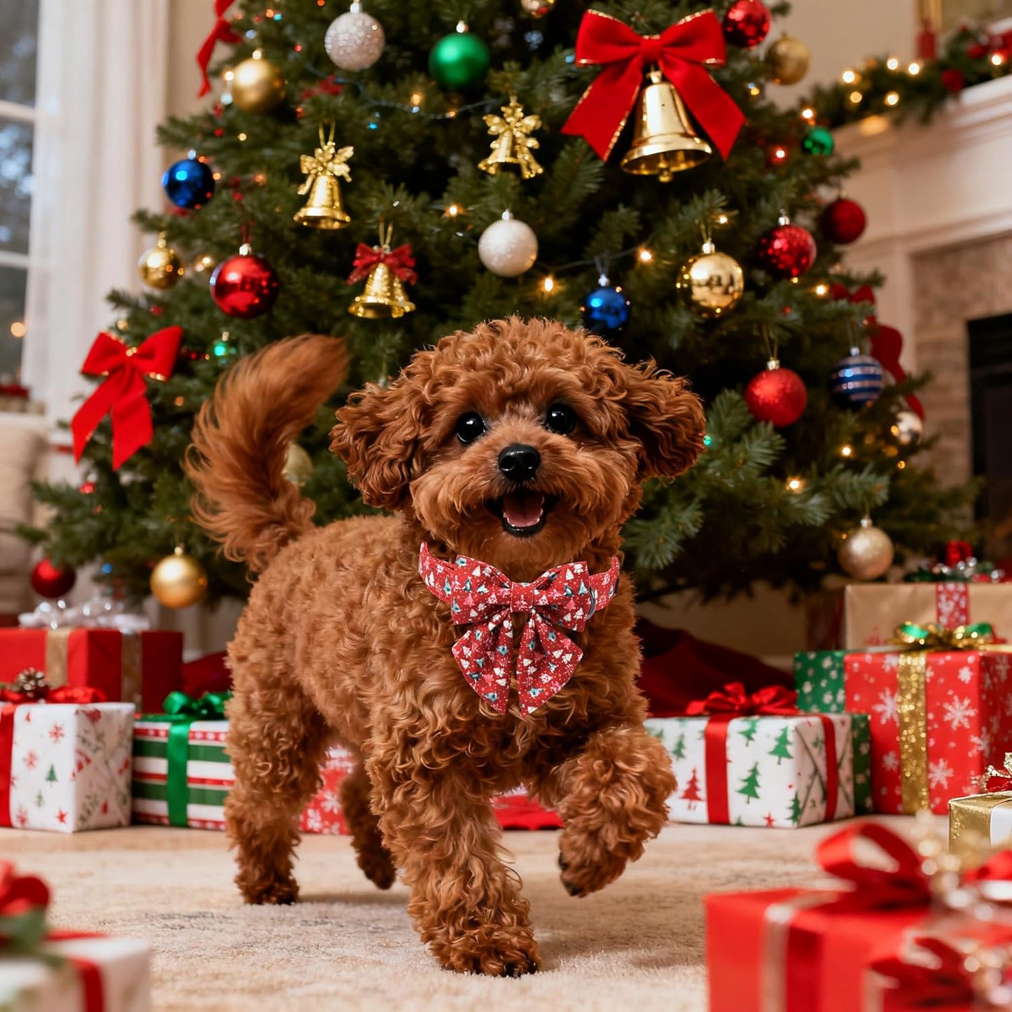 Lionet Paws Christmas Dog Collar with Sailor Bow, Cute Christmas Tree Red Dog Collar Bow Tie for Dogs, Small, Neck 10-16 inches