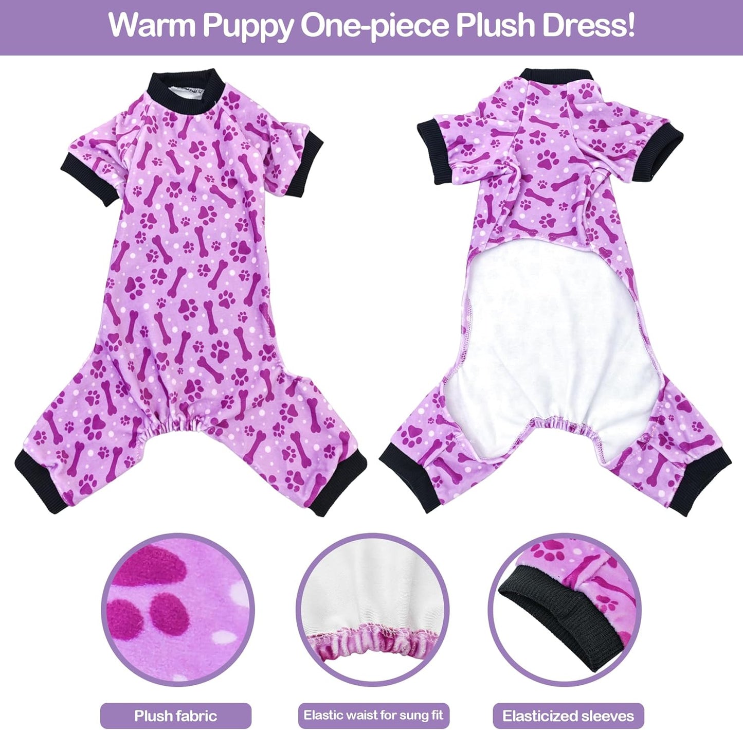 PET SHOW 4 Pack Small Dog Pajamas Paw Bone Patterns Cute Clothes for Medium Dogs Soft Fleece Stretchy PJs 4 Legged Jumpsuit Puppy Cats Onesies Outfits with Sleeve Dachshund Doggies Girl Boy (Medium)