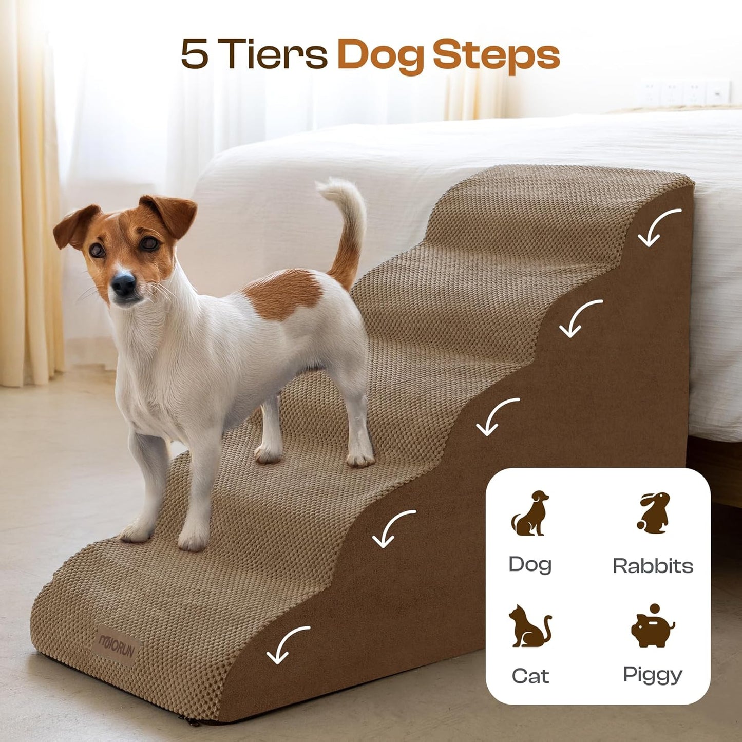 Dog Stairs for High Beds Up to 26-30", 5-Step Foam Pet Ramp with Washable Cover, Gentle Slope Steps, Bed & Couch Ladder for Small Medium Dogs & Senior Cat, Puppy Stairs to Get on Tall Furniture