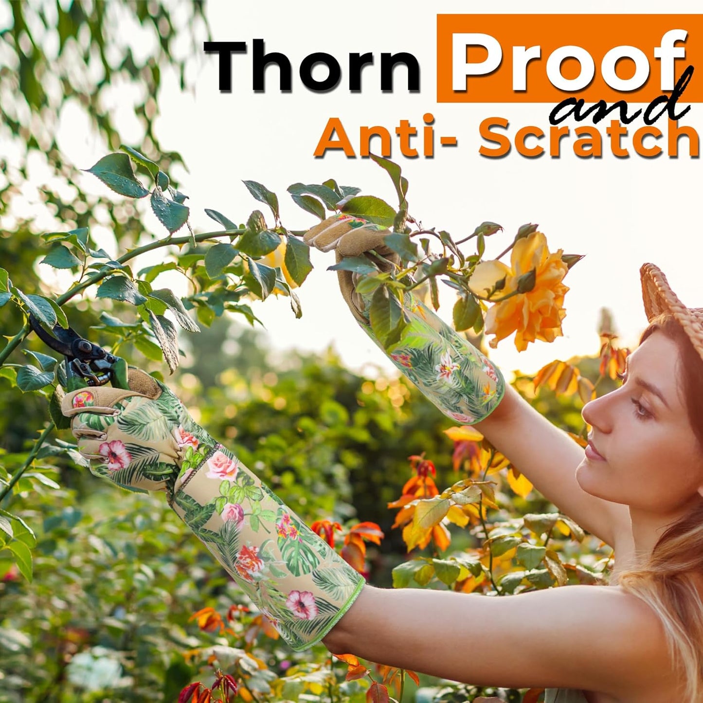 HANDLANDY Leather Gardening Gloves for Women, Thorn Proof Breathable Ladies Rose Pruning Garden Gauntlet Yard Gloves, Gift for Gardeners (Khaki, XL)