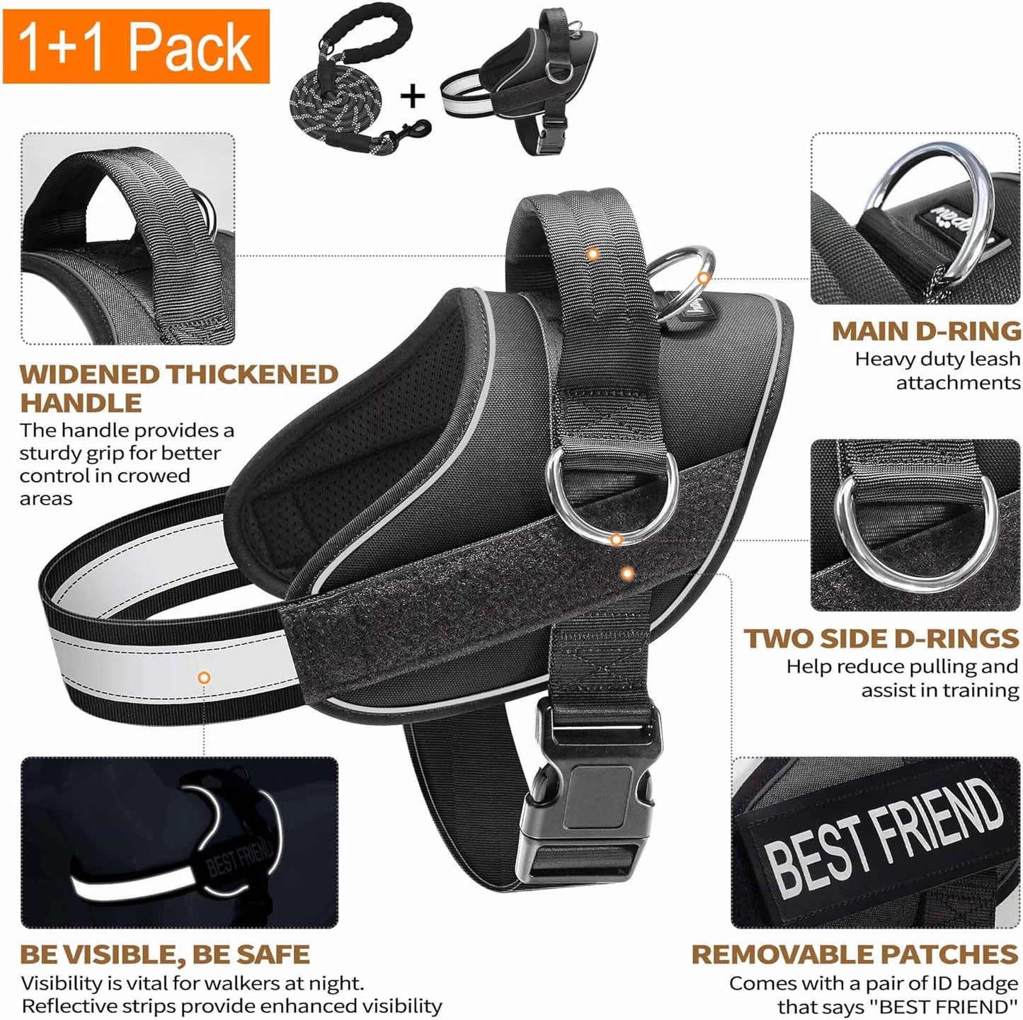 Haapaw Essential Dog Harness, No Pull Pet Vest with 3 Leash Clips, No Choke, Reflective, Adjustable and Padded, for Easy Walking and Training for Large Dogs(L, Black)