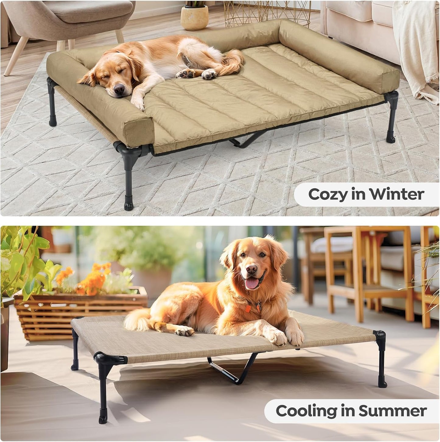 Veehoo Cooling Elevated Dog Bed Add Removable Waterproof Bolster Cushion Mat, Raised Pet Cot with Breathable Teslin Mesh, No-Slip Feet, Dog Couch Bed for Indoor Outdoor, 49x33inches, Beige, CWC2331B
