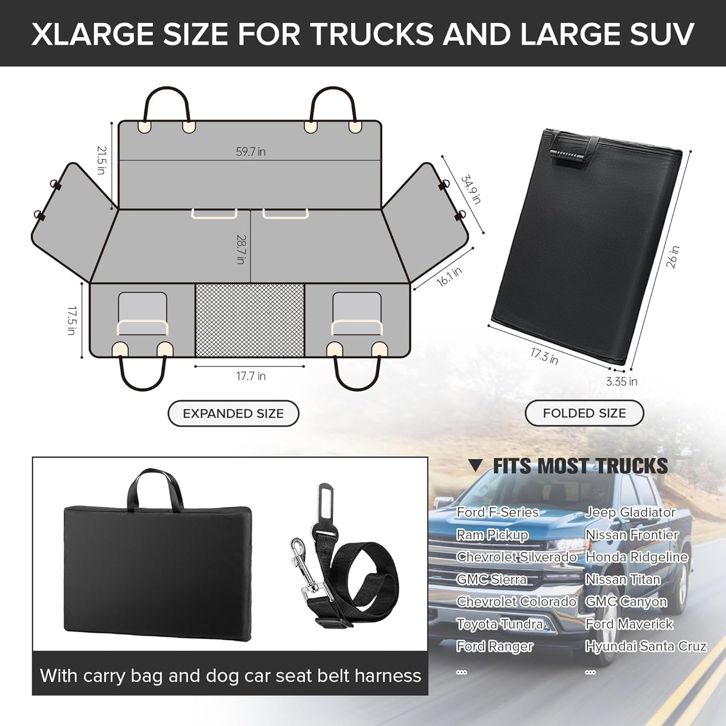 SHARLOVY XL Truck Back Seat Extender for Dogs, Large Hard Bottom Dog Car Seat Cover for Back Seat, Heavy Duty Dog Car Hammock, Waterproof Pet Seat Covers for Trucks, F150, Ram1500 and Large SUV