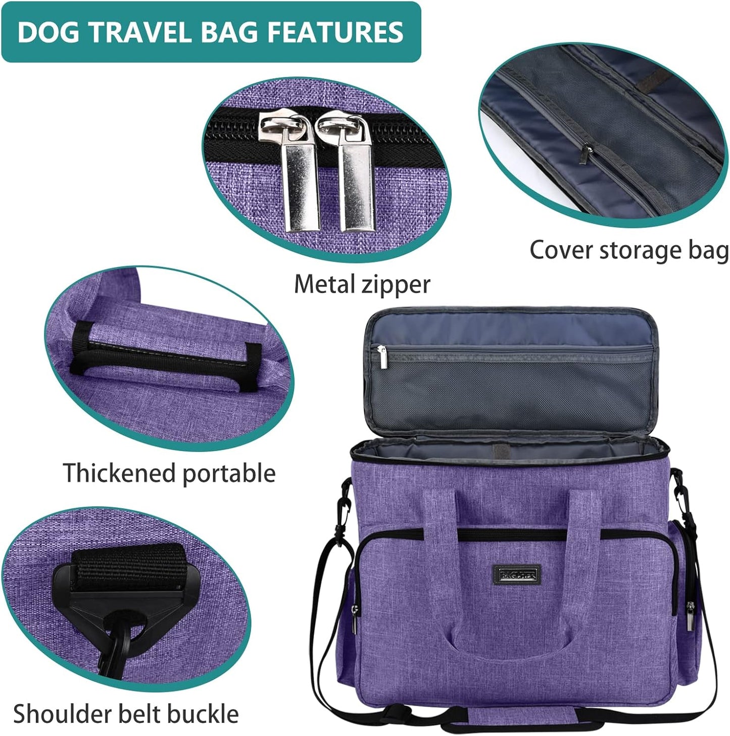 BAGLHER Dog Travel Bag, Airline Approved Pet Tote Organizer with Multi-Function Pockets, 2 X Food Storage Containers and 2 X Collapsible Dog Bowls, Perfect Weekend Pet Travel Set for Dog, Cat Purple