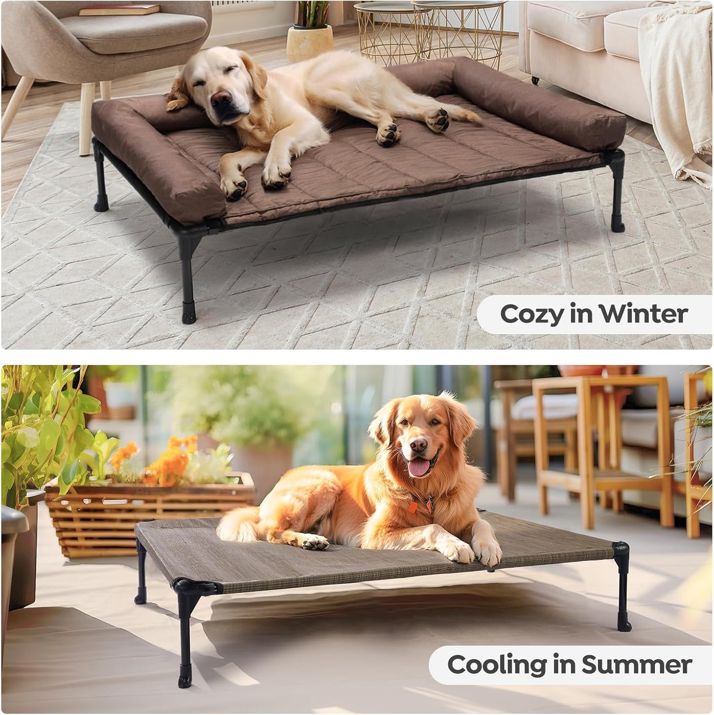 Veehoo Cooling Elevated Dog Bed Add Removable Waterproof Bolster Cushion Mat, Raised Pet Cot with Breathable Teslin Mesh, No-Slip Feet, Dog Sofa Bed for Indoor Outdoor, Medium, Brown CWC2331B