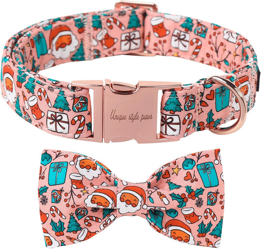Unique Style Paws Christmas Day Dog Collar with Bow Pink Christmas Man Cotton Puppy Collars for Small Medium Large Dogs