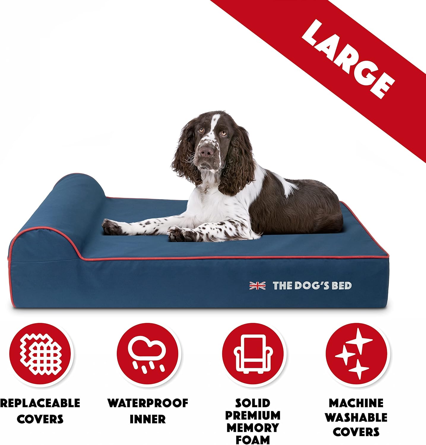 The Dog’s Bed Orthopedic Headrest Dog Bed Large Blue Oxford with Red Trim UK Flag Dog Bed 40x25, Memory Foam, Hip & Elbow Dysplasia, Post Surgery Veterinary Approved, Waterproof Washable Cover