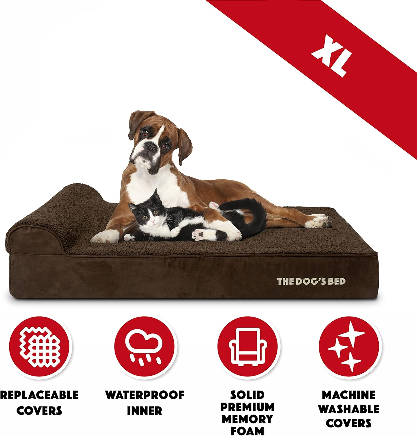 The Dog’s Bed Orthopedic Headrest Dog Bed XL Brown Plush 46x28, Memory Foam, Pain Relief for Arthritis, Hip & Elbow Dysplasia, Post Surgery, Lameness, Veterinary Approved, Waterproof Washable Cover