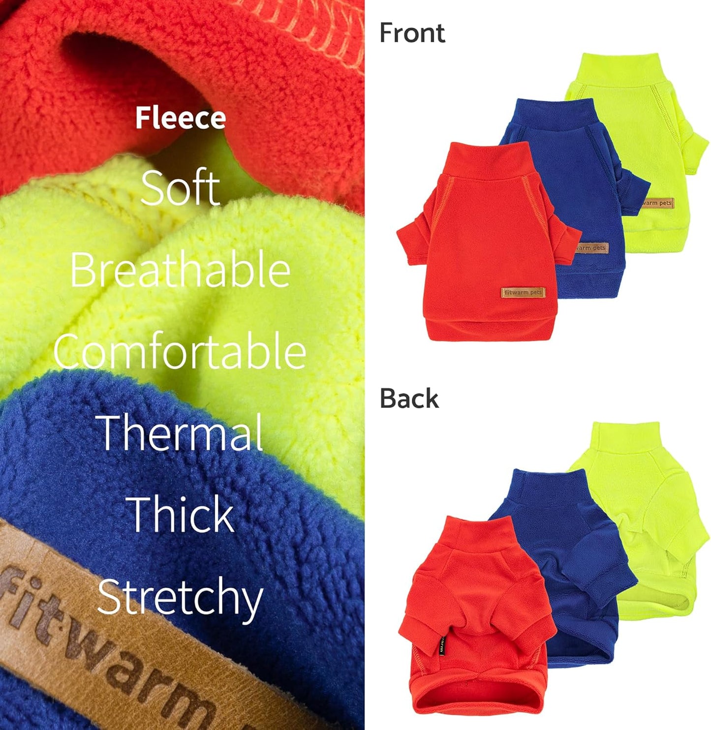 Fitwarm 3 Pack Classic Fleece Dog Sweater, Winter Clothes for Small Dogs Boy Girl, Turtleneck Dog Sweatshirt, Pet Apparel, Orange Red, Royal Blue, Neon Yellow, XL