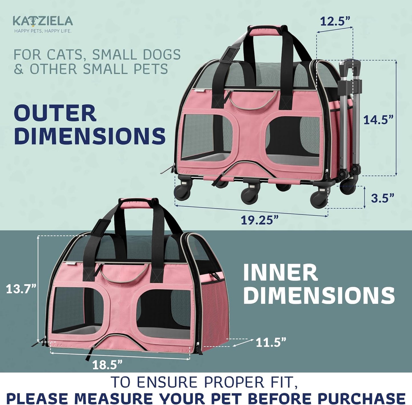 Katziela Pet Carrier - Airline Compliant Dog Carrier - TSA Approved Pet Carrier for Small Dogs and Cats - Soft FAA Travel Airplane Dog Carrier Luggage (Pink/White-6 Wheels)