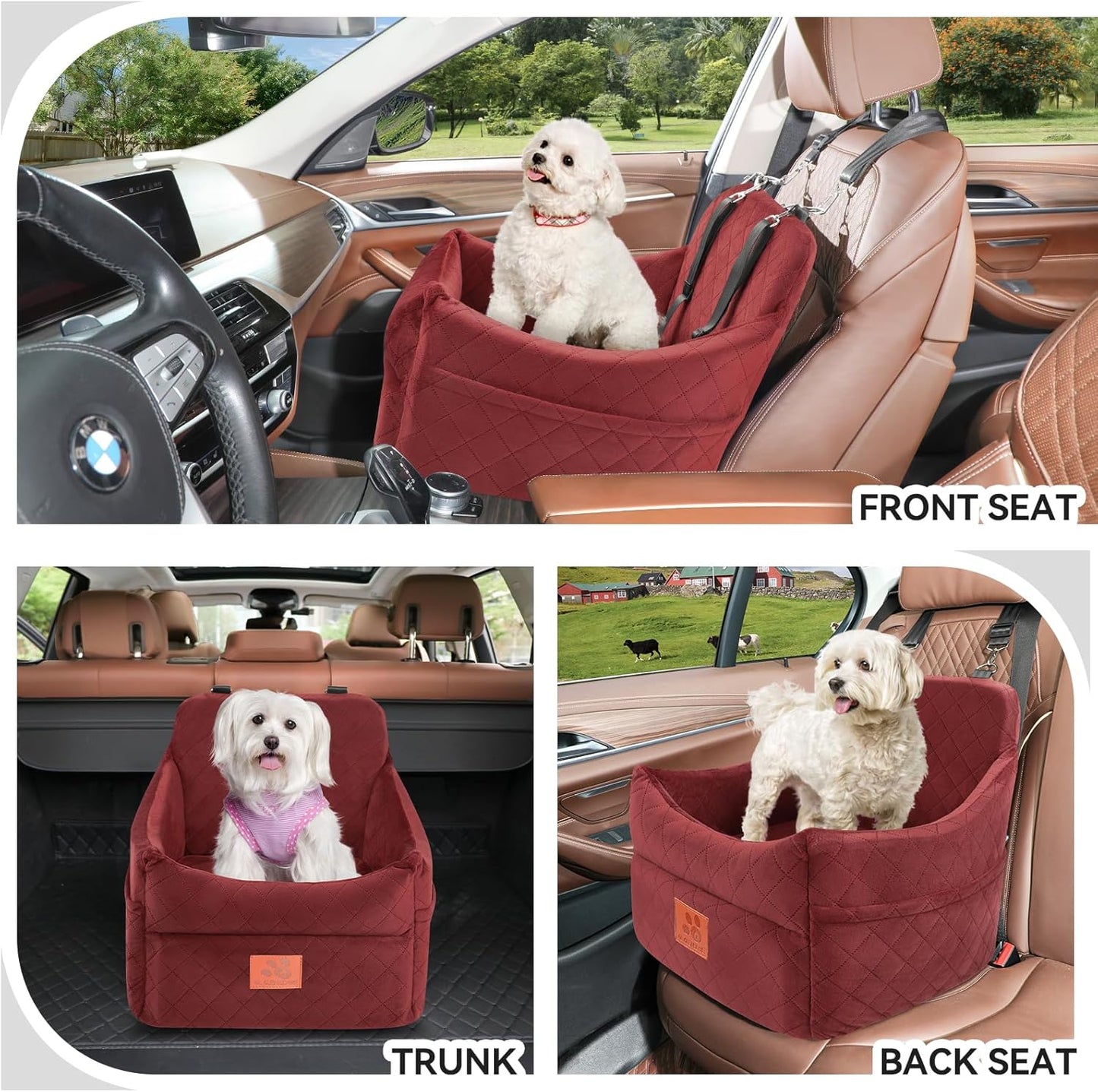 Dog Car Seat for Small/Medium Dogs, Dog Booster Car Seats with Thick Cushion for Dogs Under 35lbs, Detachable Washable Pet Car Seat with Storage Pockets, 2 Safety Belts(Red)