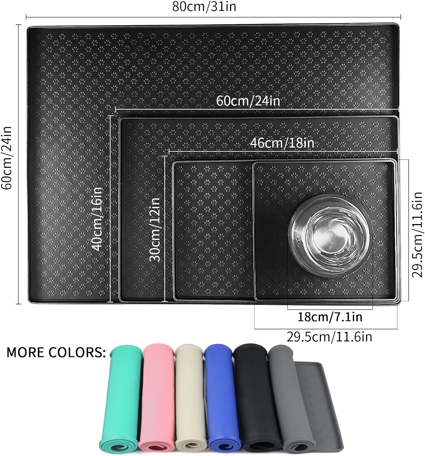 Ptlom Pet Placemat for Dog and Cat, Waterproof Non-Slip Silicone Feeding Bowl Mat Prevent Food and Water Overflow, Puppy Dish Feeder Fountain Trays Suitable for Medium and Small Pets, Black