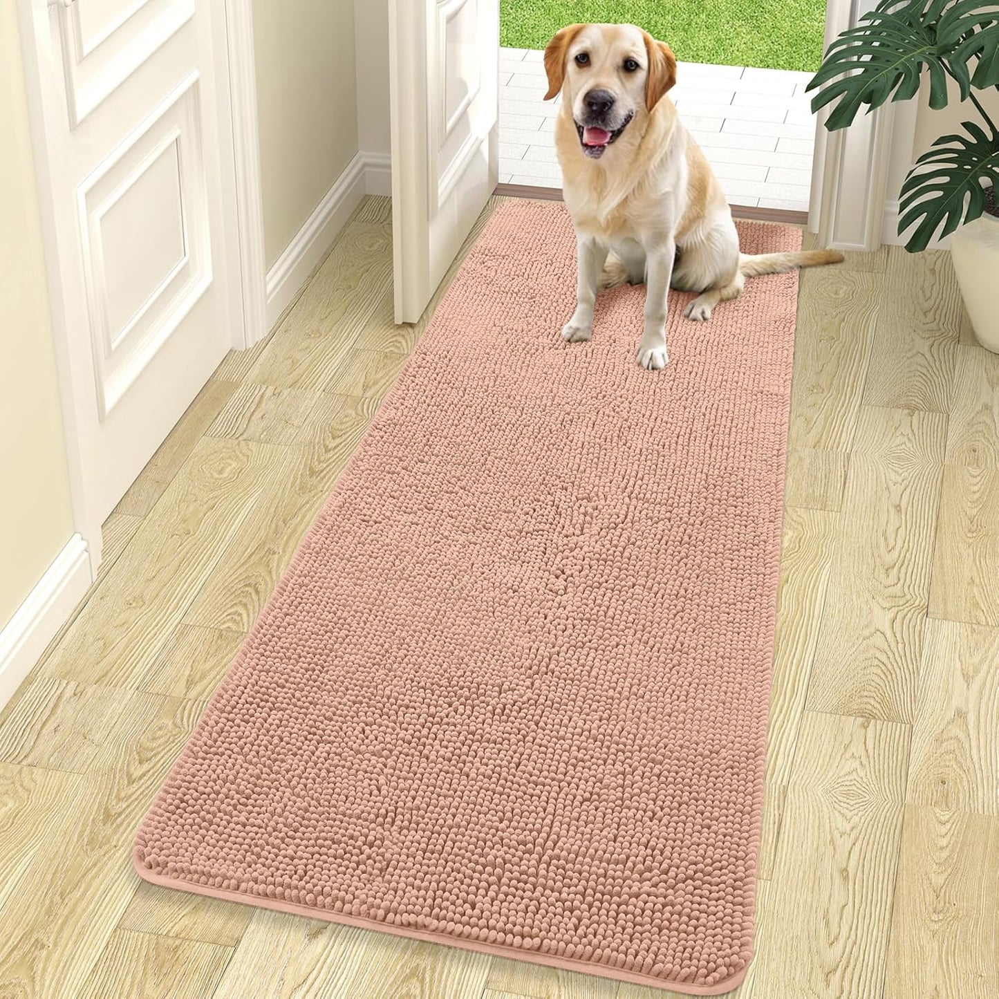 OLANLY Dog Door Mat for Muddy Paws 70x24, Absorbs Moisture and Dirt, Absorbent Non-Slip Washable Doormat, Quick Dry Chenille Mud Mat for Dogs, Entry Indoor Entryway Carpet for Inside Floor, Peach