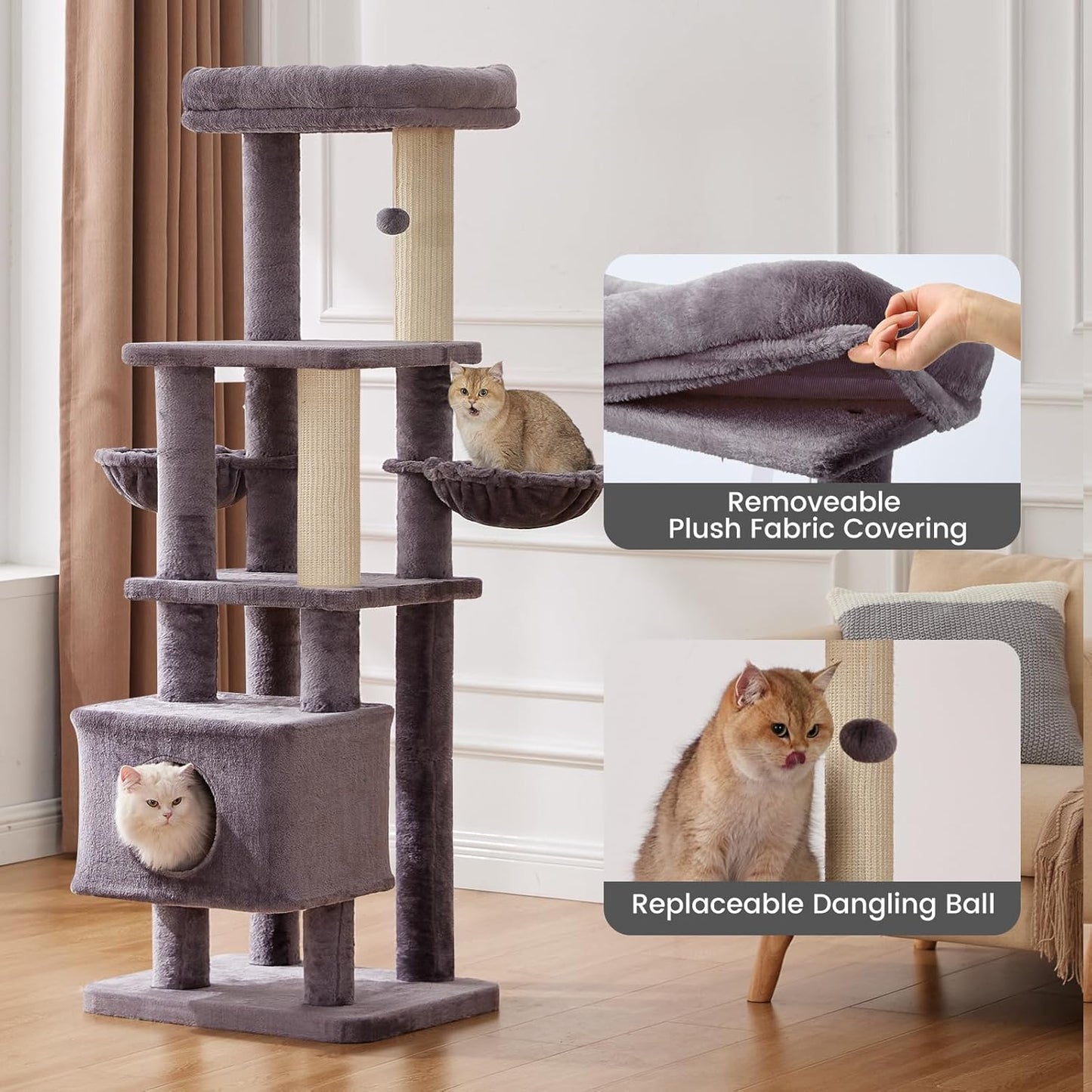 Gardner Pet 65in Heavy Duty Cat Tree Tower for Large Cats, Multi-Level Cat Furniture with Replaceable Sisal Scratching Post, Hammock | Extra-Large Platform & Condo (Upgraded Grey)