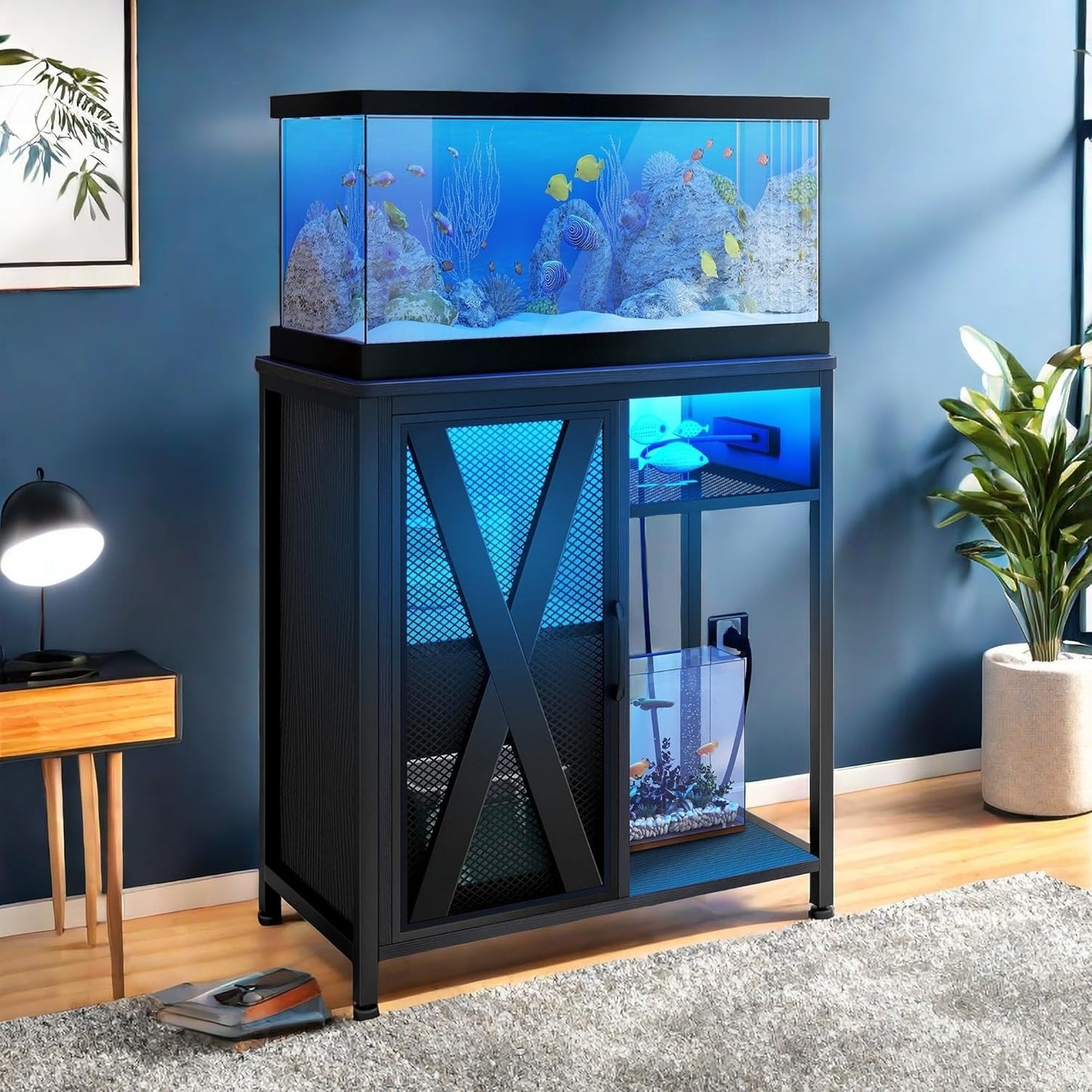 YITAHOME Fish Tank Stand with Power Outlets & LED Light, 20-29 Gallon Metal Aquarium Stand with Cabinet for Fish Tank Accessories Storage for Turtle Tank, Reptile Terrarium, 350LBS Capacity, Black