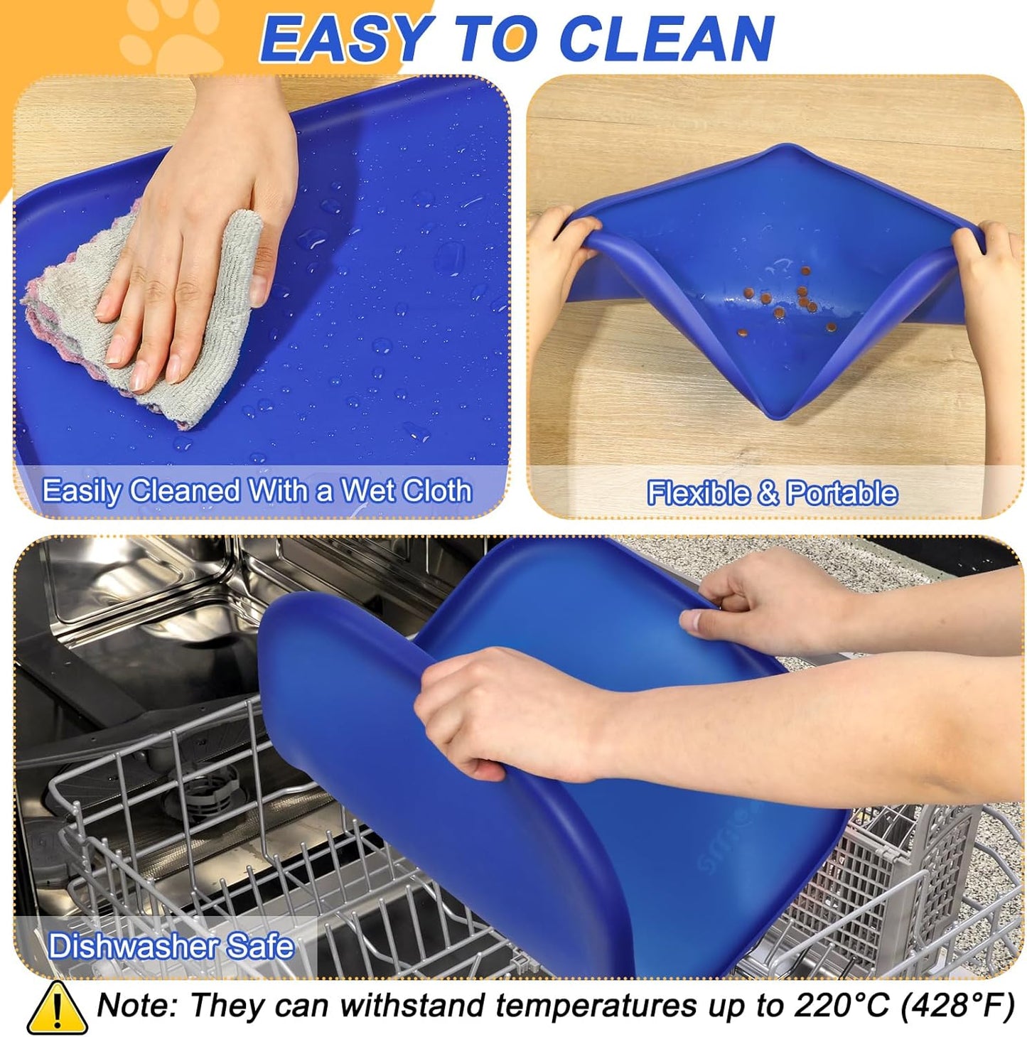 Silicone Pet Feeding Mat with Raised Edge for Food and Water, Dog Bowl Mats, Cat Bowls Placemat with High Lip for Floor Waterproof, Rubber Tray for Cats and Dogs 22 x 14 x0.8 Navy Blue