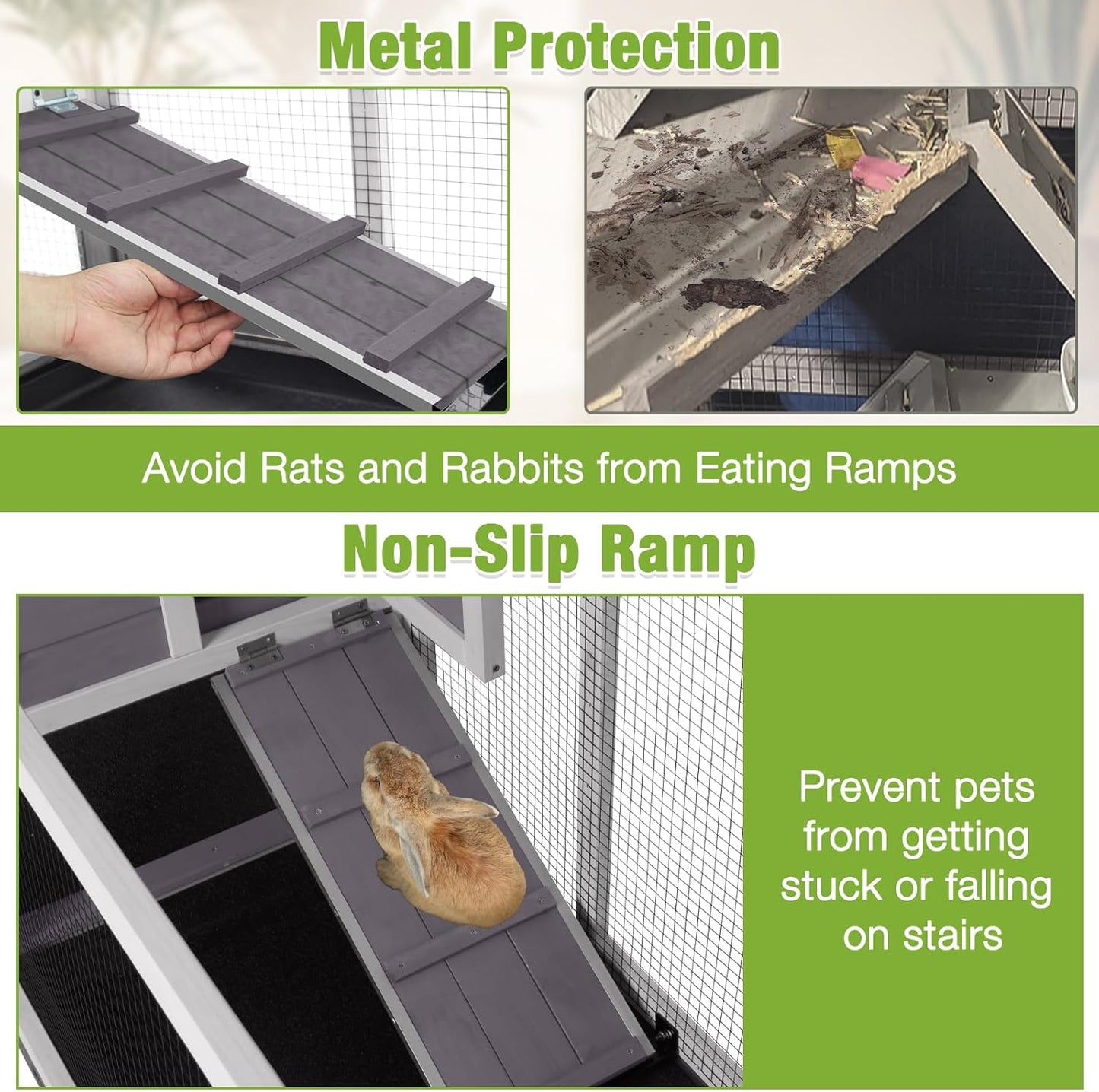 GUTINNEEN Rabbit Hutch Indoor with Chew-Proof Ramp, 62" L Wooden Rabbit Cage with 6 Casters, Bunny Cage with 2 Trays and 2 Story for Small to Medium Animals (Gray)