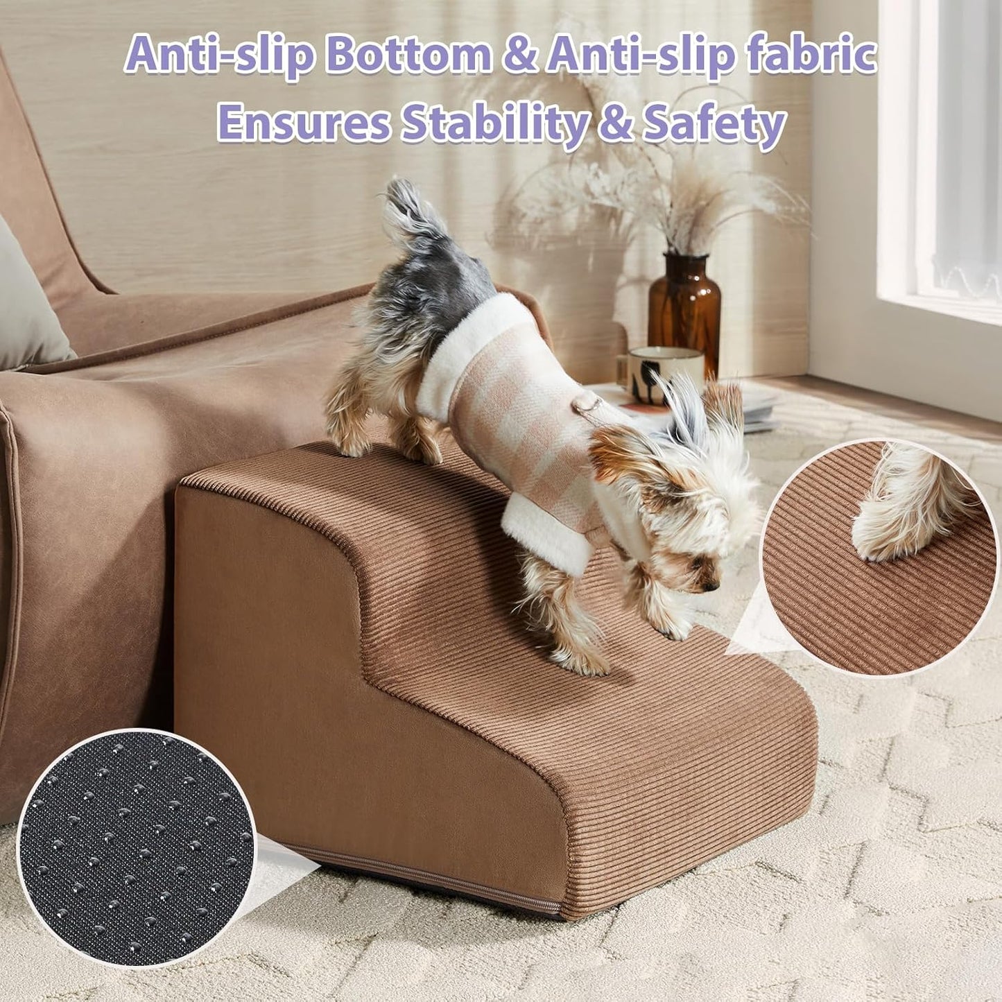 Dog Stairs for Small Dogs, 3-Steps Dog Ramp for Bed and Couch, Pet Stairs with Highly Supportive Foam and Non-Slip Bottom, Pet Steps for Cat & Doggie (High 15.7 Inch)