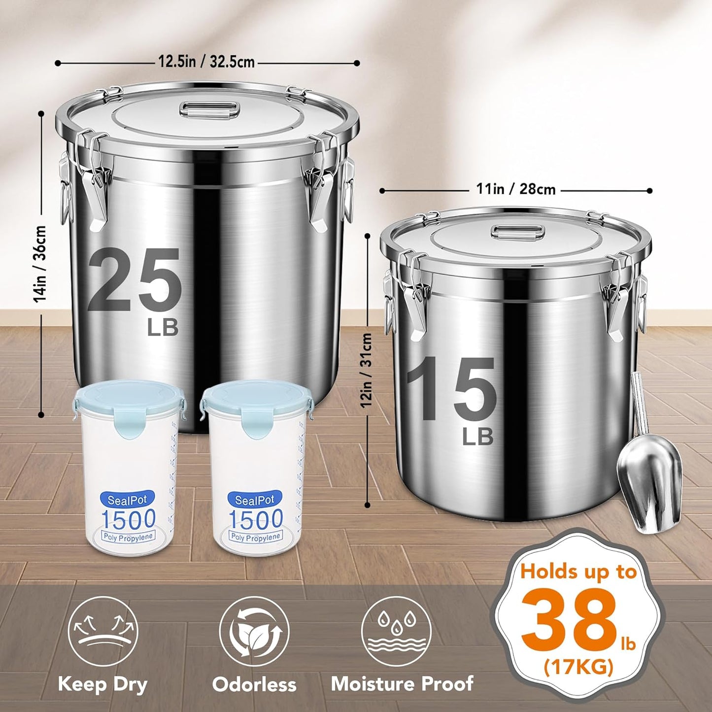 Dog Food Storage Containers, Large Stainless Steel Pet Food Storage Containers 38 lb / 17 kg to Keep Fresh, Metal Airtight Cat Food Containers With Scoop and 2 Small Containers