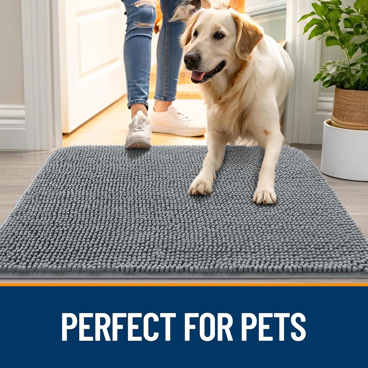 OLANLY Dog Door Mat for Muddy Paws 59x20, Absorbs Moisture and Dirt, Absorbent Non-Slip Washable Doormat, Quick Dry Chenille Mud Mat for Dogs, Entry Indoor Entryway Carpet for Inside Floor, Grey