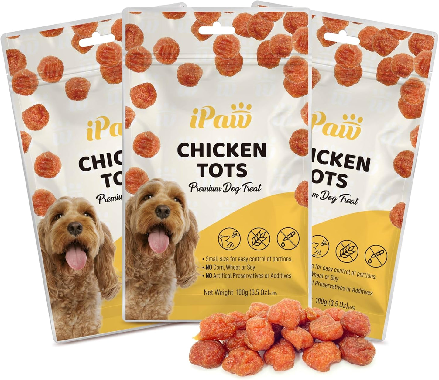 iPaw Chicken Tots Dog Treats for Puppy Training, All Natural Human Grade Dog Treat, Hypoallergenic, Easy to Digest (Chicken Tots), 3 Packs