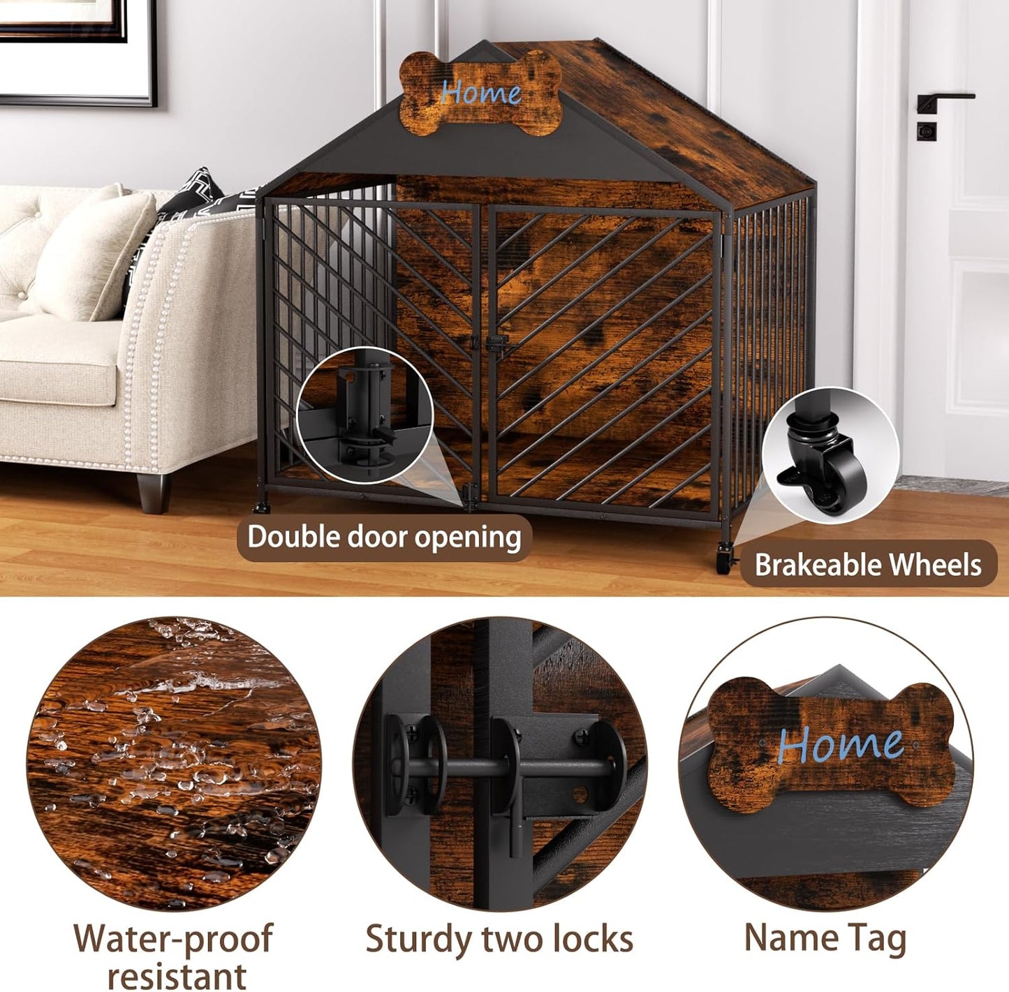 Furniture-Style Dog Crate with Gable Roof Design, Double Locking Doors Indoor Kennel for Small & Medium Dogs, Chew-Proof Escape-Proof Dog Cage, Rustic Brown