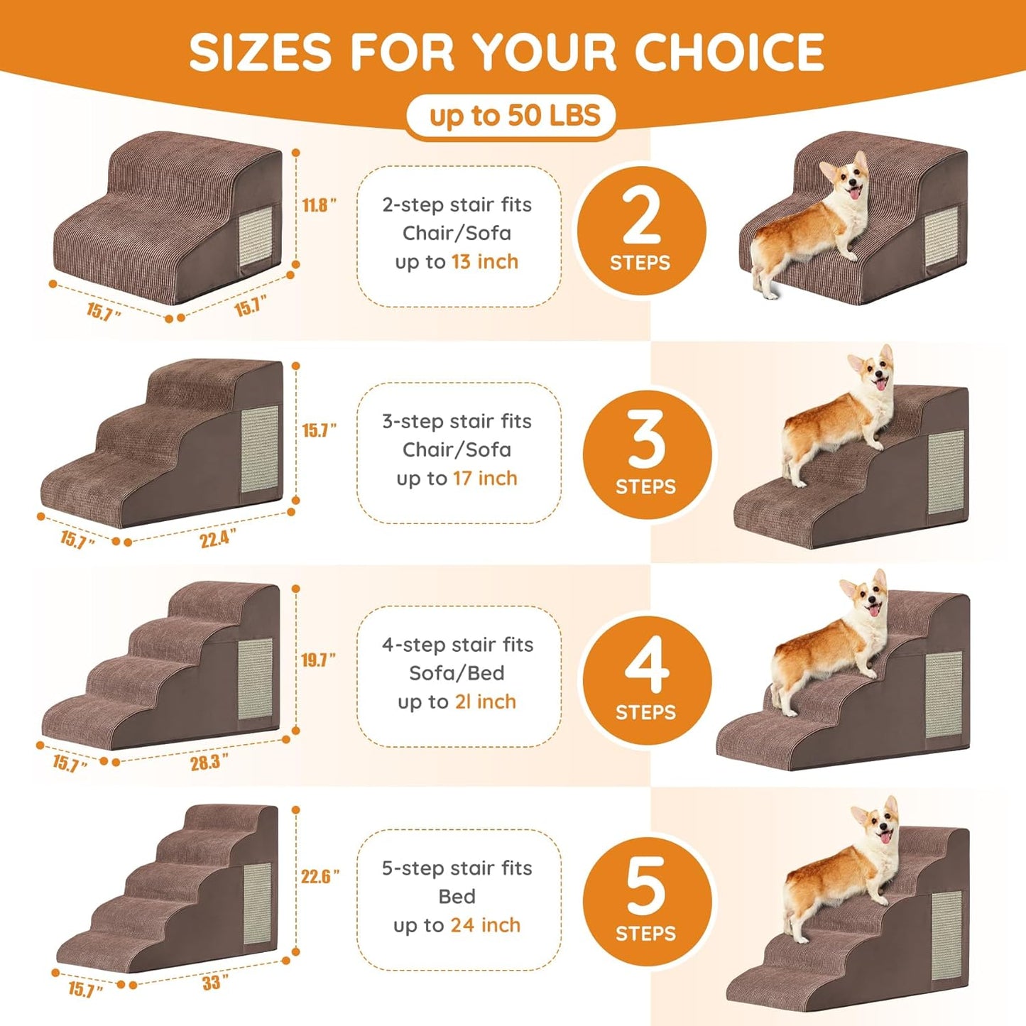 Dogs Steps for Bed, Dog Stairs for Small Dogs, 4-Step Dog Ramp for Bed, Couch, Sofa, and Chairs, Non-Slip Bottom Design, Cat Scratching, High Density Foam Portable Pet Step, Indoor, Coffee