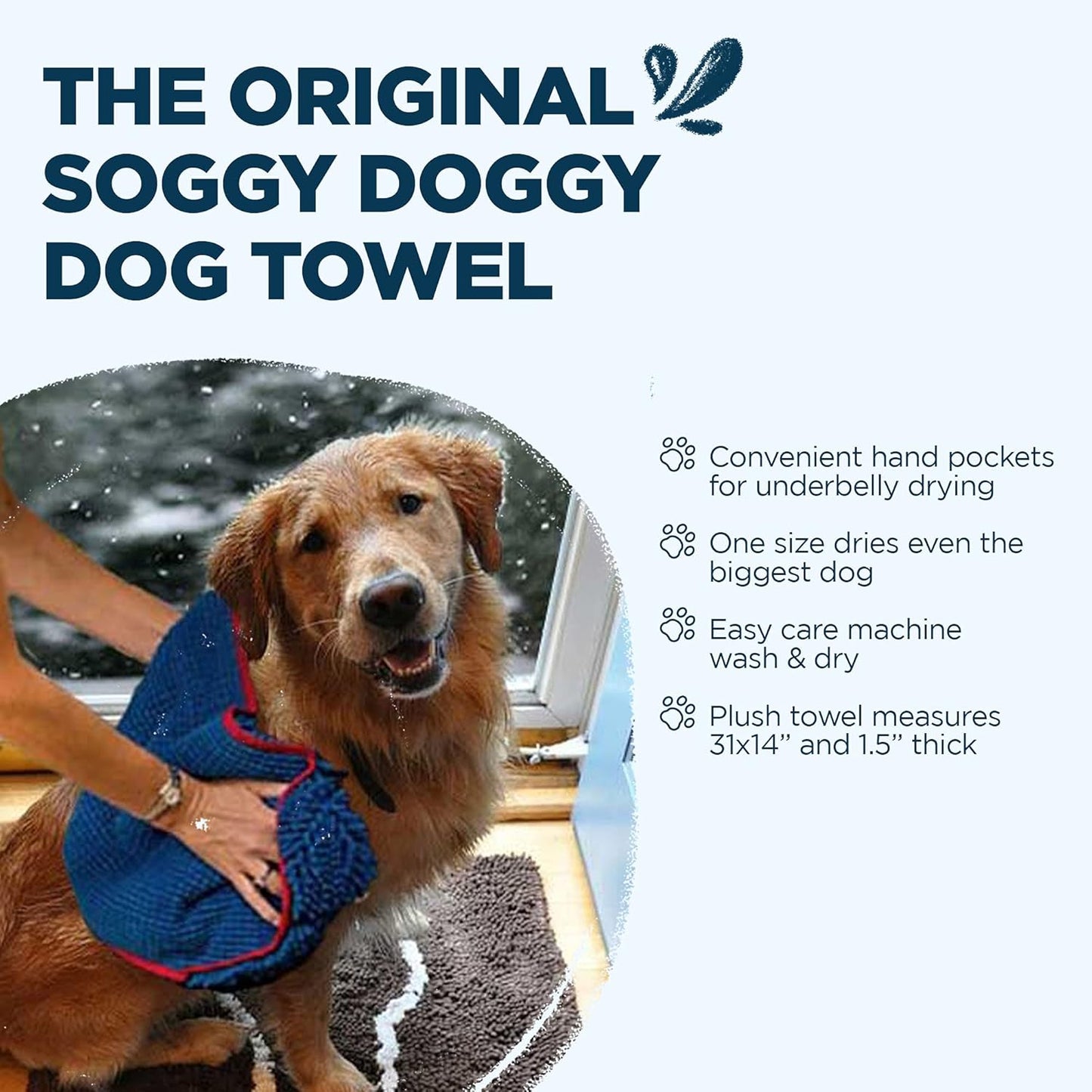 Soggy Doggy Super Shammy Dog Towel - Microfiber Chenille Towel for Drying Dogs and Cleaning Paws - Fast Drying with Hand Pockets for Ease (Blue/Red Trim, 31” x 14”)