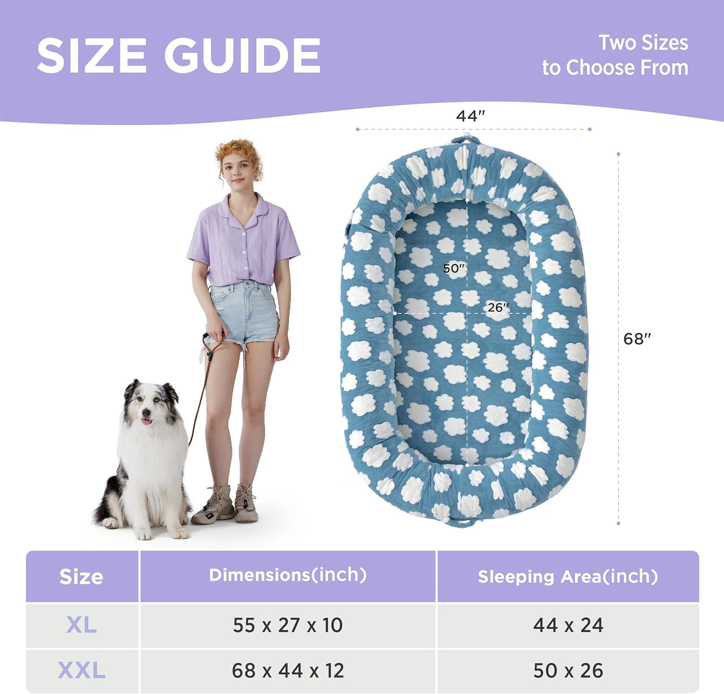 Lesure Human Dog Bed for Adult - Calming Human Size Dog Bed with Egg Foam Supportive Mat and Storage Pocket, Cute Modern Pet Beds with Jacquard Shaggy Plush & Anti Slip Bottom 55x37x10, Blue