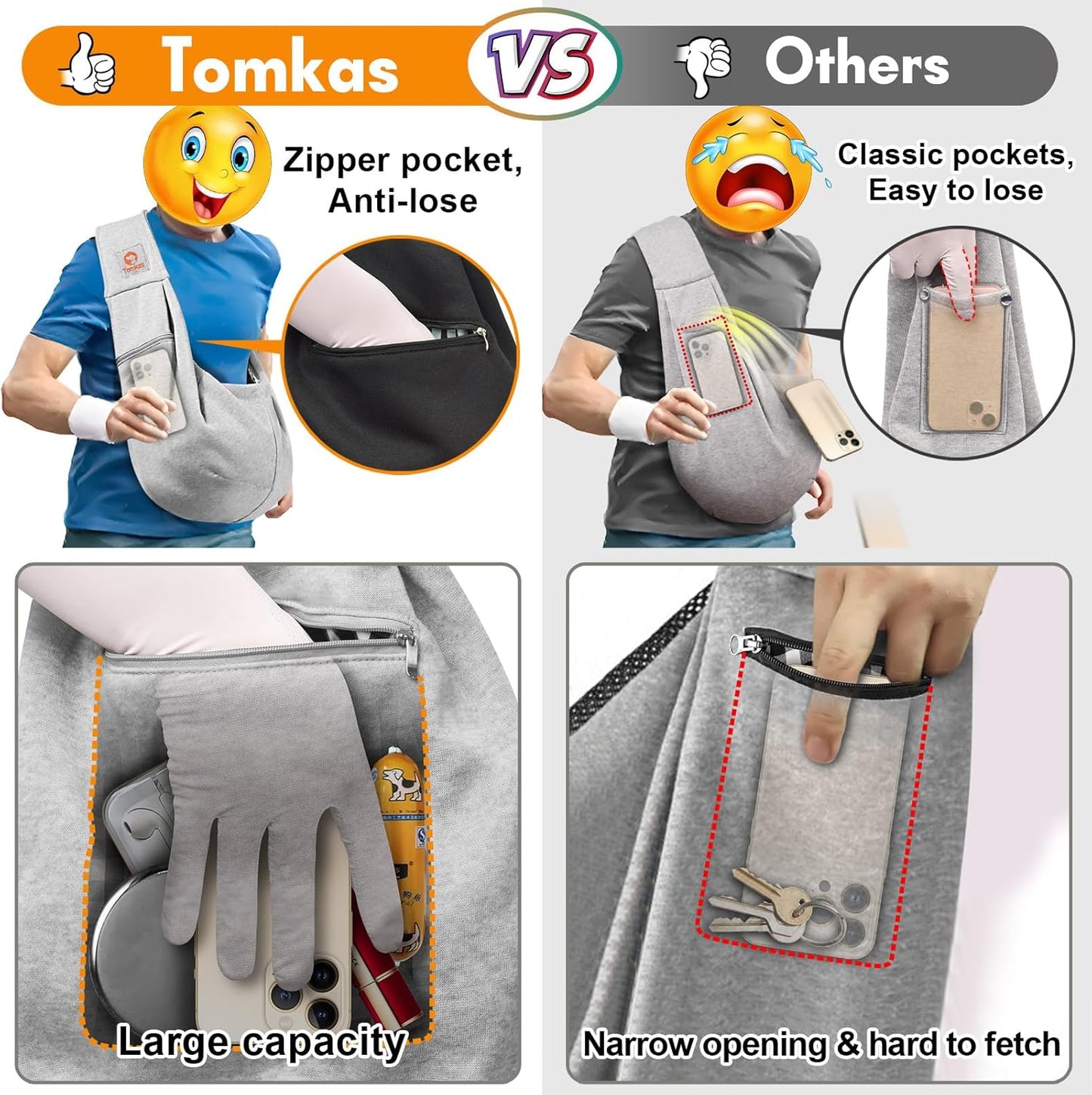 Tomkas Small Dog Sling Carrier - Zipper Pocket & Adjustable Strap - for 3-10 lbs Pets(Grey)