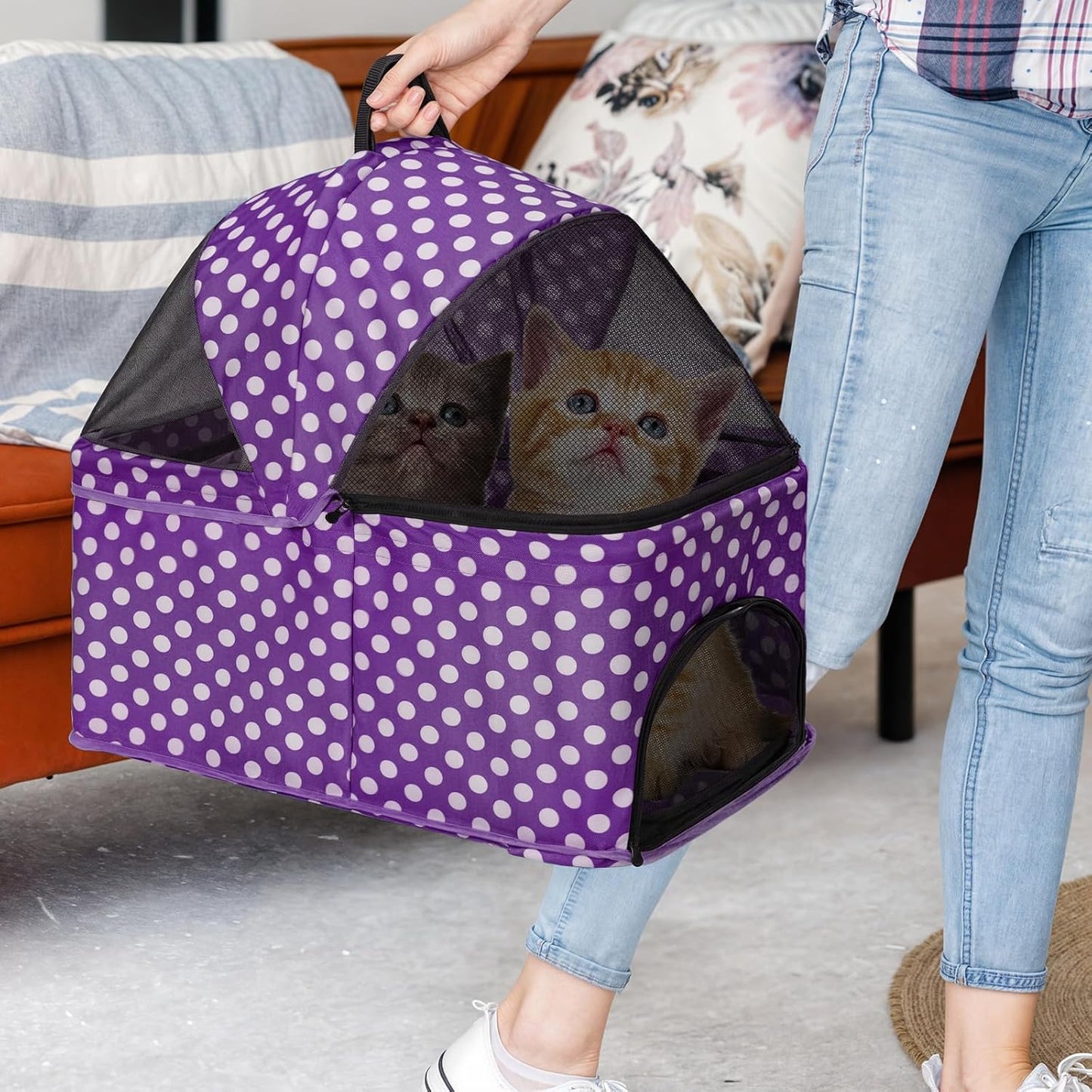 Magshion Foldable Pet Stroller, 3-in-1 Dog Travel Jogger with Detachable Carrier, Cup Holder, Storage Basket, Folding Carrier for Small/Medium Dogs & Cats Up to 33 lbs, Purple Polka Dots