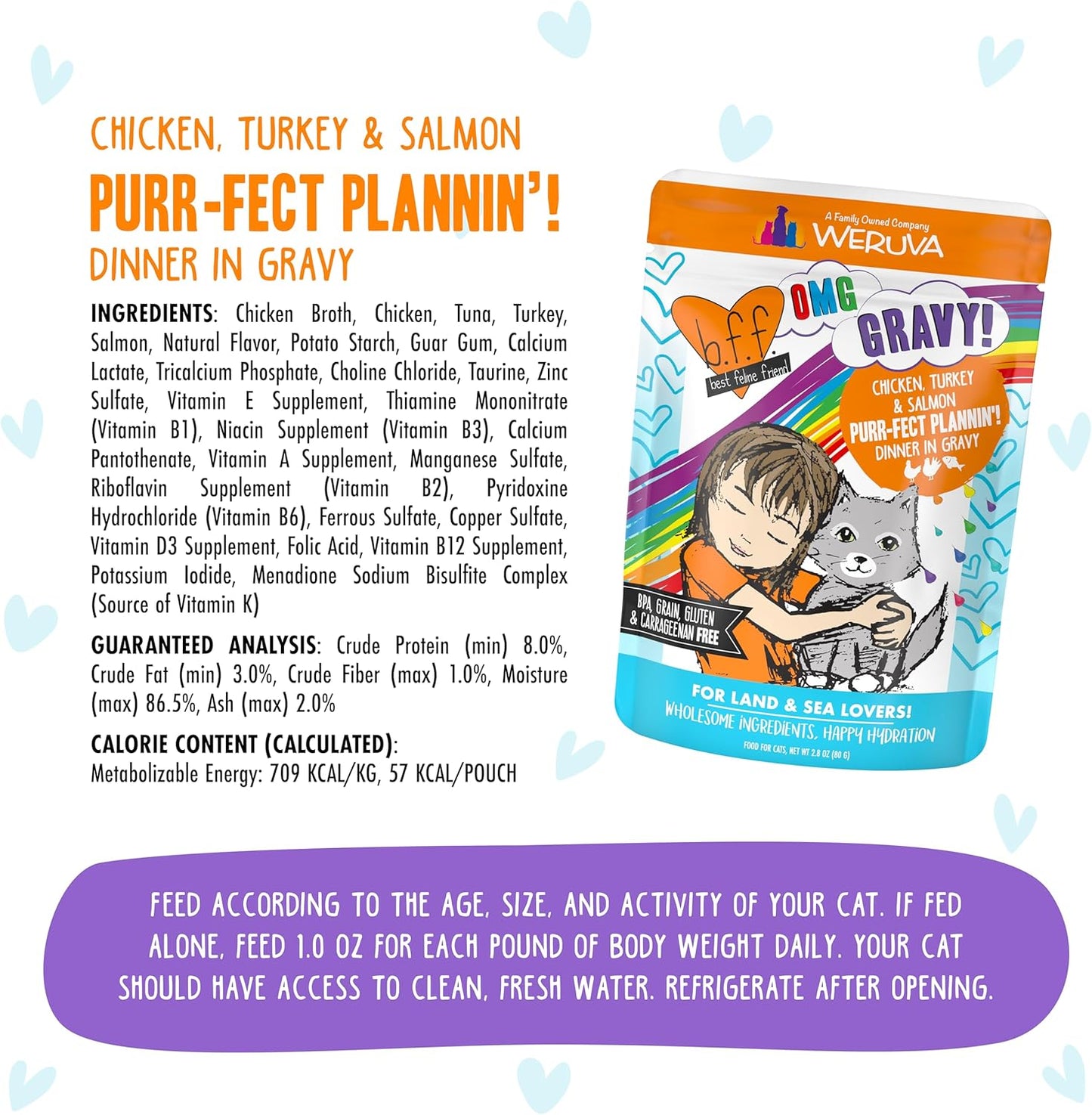 Weruva B.F.F. OMG - Best Feline Friend Oh My Gravy!, Purr-FECT Plannin'! with Chicken, Turkey & Salmon in Gravy Cat Food, 2.8oz Pouch (Pack of 12)