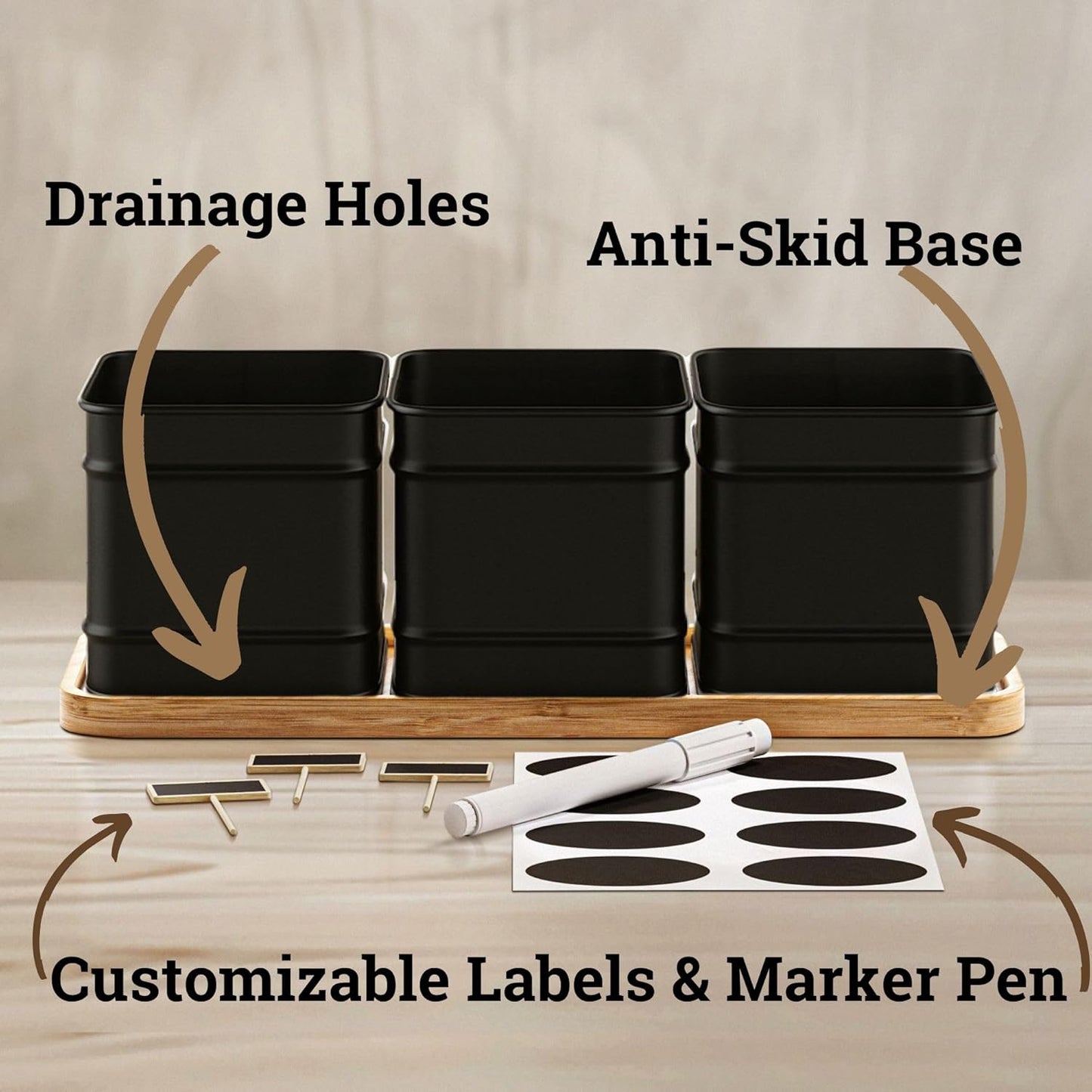 Herb Planter Indoor - 3 Iron Herb Pots with Drainage Holes, Varnished Bamboo Tray, Customizable Labels & Marker Pen - Indoor Herb Garden Planter - 3 Pots for Herbs - Inside Spice Garden - Basil Pot