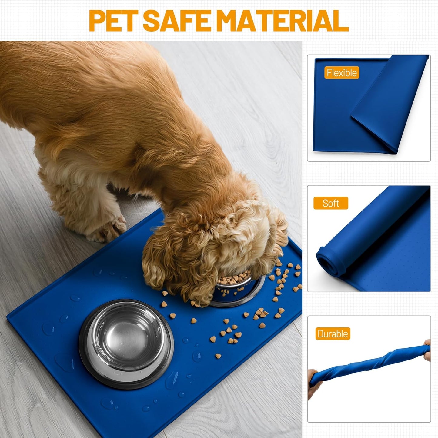 Hubulk Dog Feeding Mat,100% Waterproof Food Grade Silicone Pet Food and Water Bowl Placemat,Dishwasher, High Raised Edge to Prevent Spills,Nonslip Tray to Stop Messes on Floor (19"x12"x0.5", Navy)