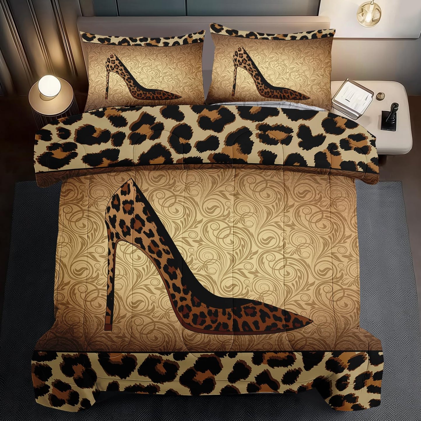 Leopard Comforter Set Full Girls,Sexy High Heel Comforter for Women,Leopard Print Bedding Set Full Adult,High Heel Quilt Bedroom Decor,African Animal Print Bedding Quilt